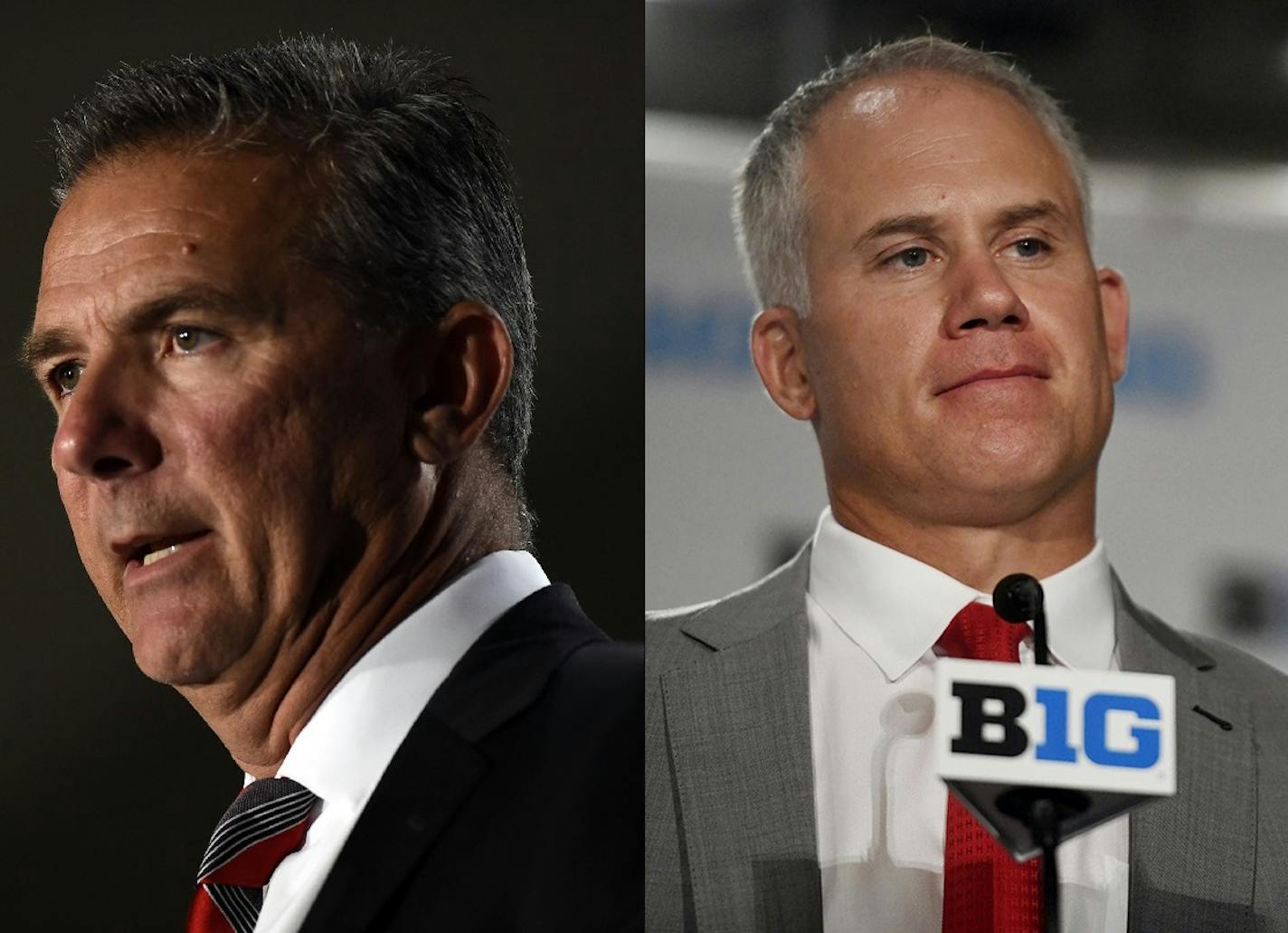 Ohio State coach Urban Meyer, left, is on administative leave with the Buckeyes' opener on Sept. 1. Maryland coach DJ Durkin, also on administrative leave, is facing allegations his players, one of whom died, were bullied.