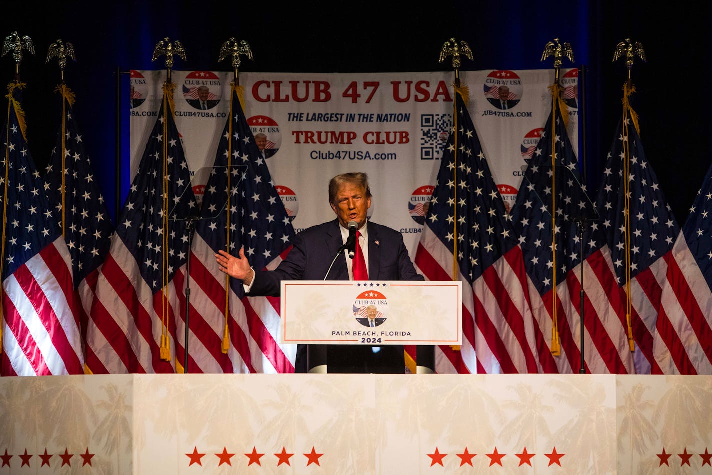 Former president Donald Trump speaks at an event in West Palm Beach, Fla., on Oct. 11, 2023. MUST CREDIT: Photo for The Washington Post by Saul Martinez.