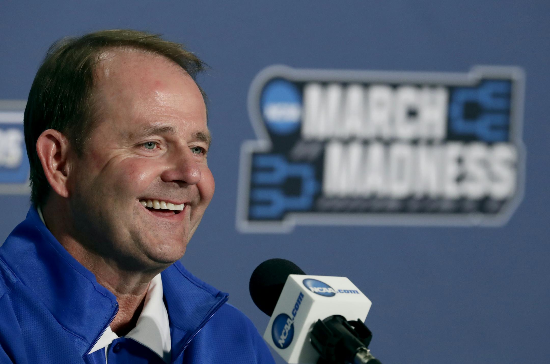 FILE - In this March 19, 2016, file photo, Middle Tennessee head coach Kermit Davis speaks to the media during a news conference ahead of a second-round men's college basketball game in the NCAA Tournament in St. Louis. The Blue Raiders are back in the tournament for second straight year with a gaudy 30-4 record featuring wins over two Southeastern Conference teams. (AP Photo/Charlie Riedel, File)
