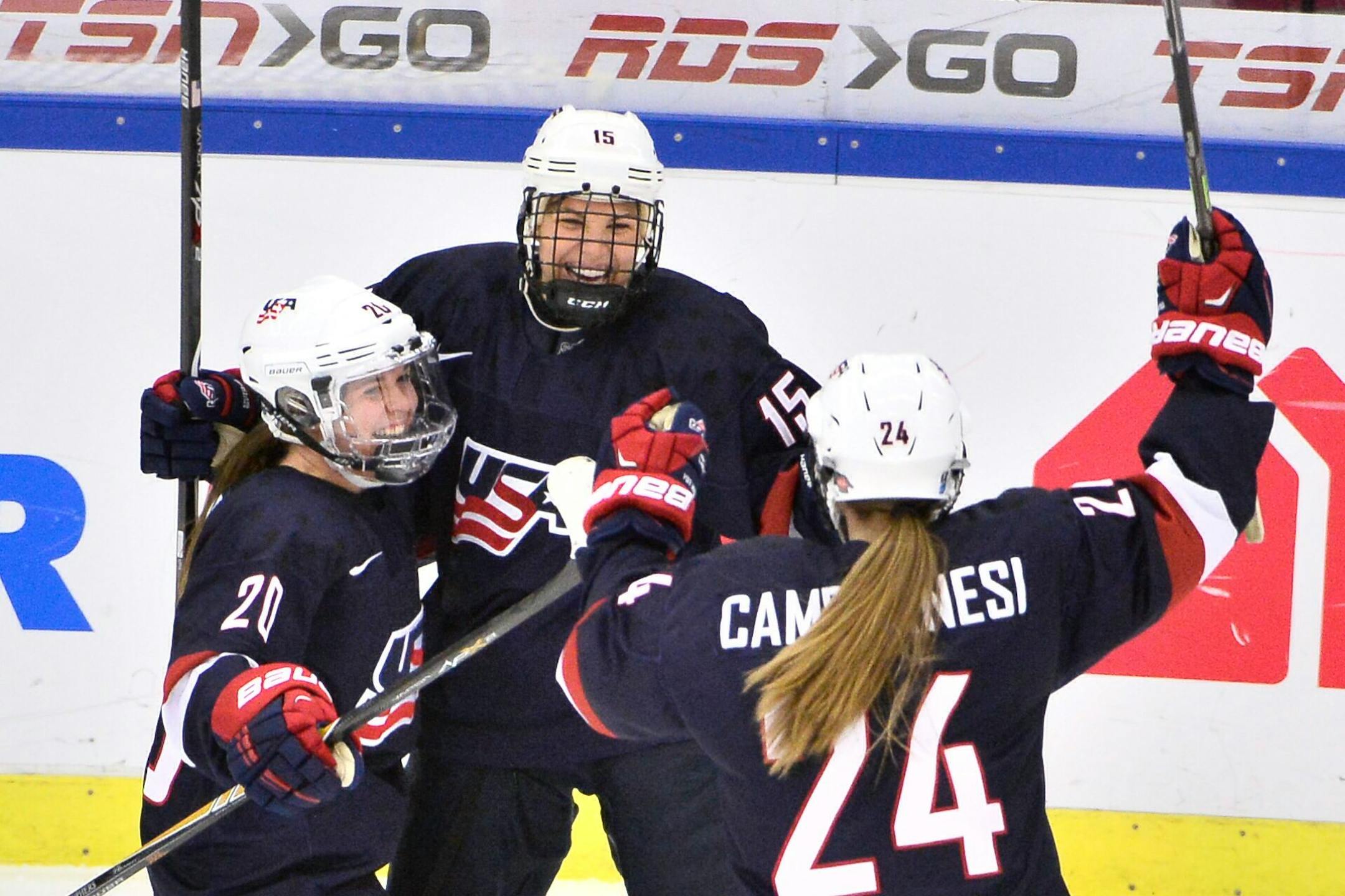 Three players with Gophes ties celebrated the Americans' fourth goal against Canada in the IIHF Ice Hockey Women's World Championship final in Malmo, Sweden, on Saturday. Anne Schleper, center, scored it, with help from Hannah Brandt, left, and Danielle Cameranesi in the United States' 7-5 victory.