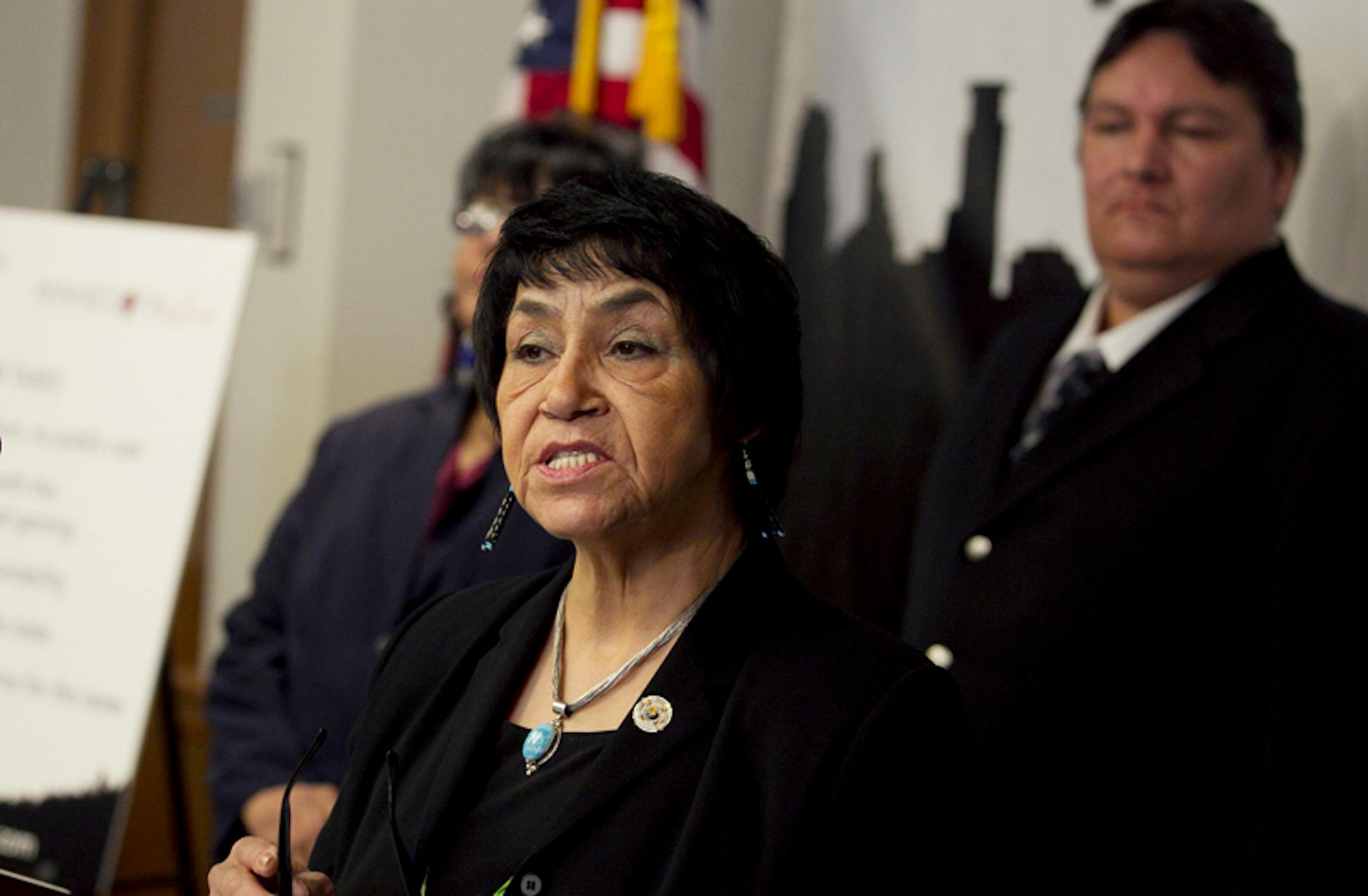 Erma Vizenor, Chairwoman, White Earth Tribe answered questions during a press conference at the state capitol Thursday February, 16, 2012 where White Earth Tribe proposes partnership with the State of Minnesota for Metro-Area Casino to fund and Vikings stadium.] (Jerry Holt/ STAR TRIBUNE/jgholt@startribune.com)