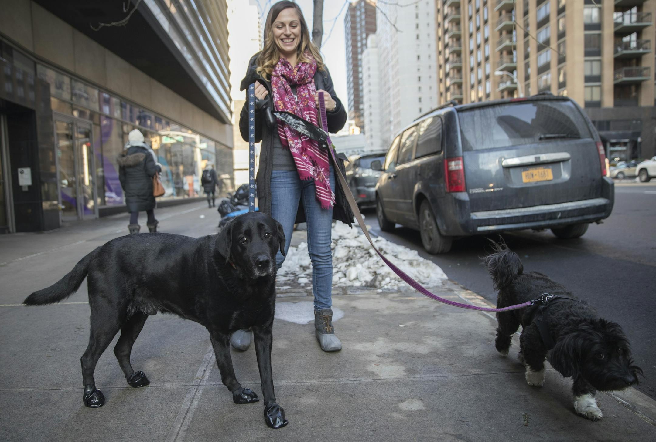 In this Tuesday, Jan. 9, 2018, photo, Tanya Lim, owner of Play Pals NYC, a dog-walking and cat-sitting service, walks Cannon, left, and Gigi, on New York's Upper West Side. When the temperature in New York plunged because of severe winter weather, so did revenue at Play Pals NYC. Many of Limís clients were among the people who decided to work from home because of the cold, so they didnít need her services. (AP Photo/Mary Altaffer) ORG XMIT: NYMA201