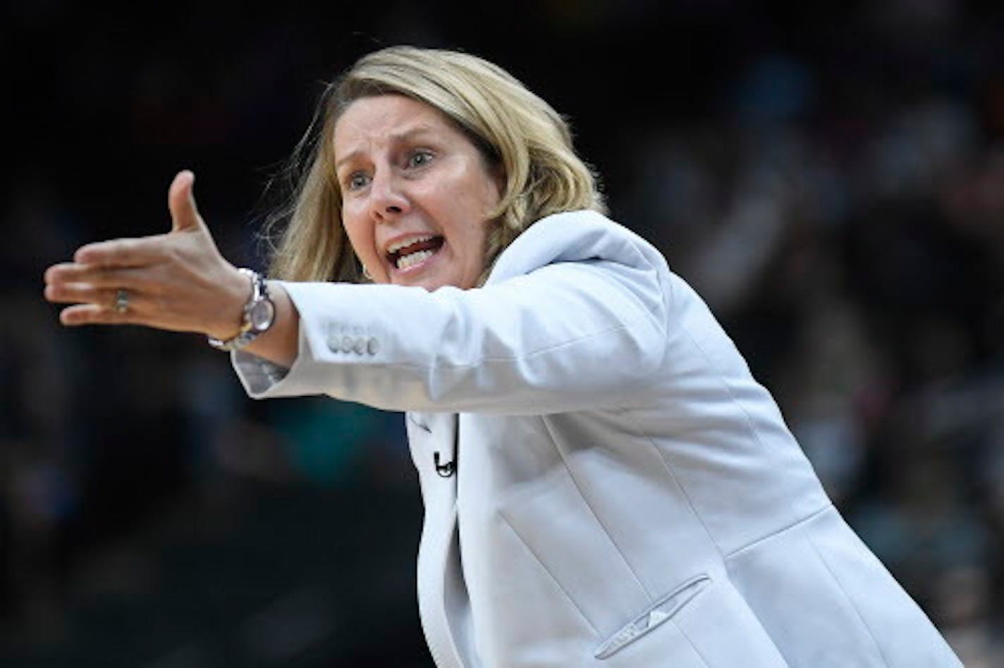 FILE - In this Aug. 3, 2017, file photo, Minnesota Lynx coach Cheryl Reeve talks to the officials after forward Maya Moore was called for charging during the fourth quarter against the Atlanta Dream in a WNBA basketball game in St. Paul, Minn. The WNBA once again leads all professional sports leagues in hiring women and minorities for coaching and front-office positions. The league earned a combined 'A' grade for racial and gender diversity in its hiring practices, according to a report card issued Wednesday, Nov. 15, 2017, by The Institute for Diversity and Ethics in Sports (TIDES). (Aaron Lavinsky/Star Tribune via AP, File)