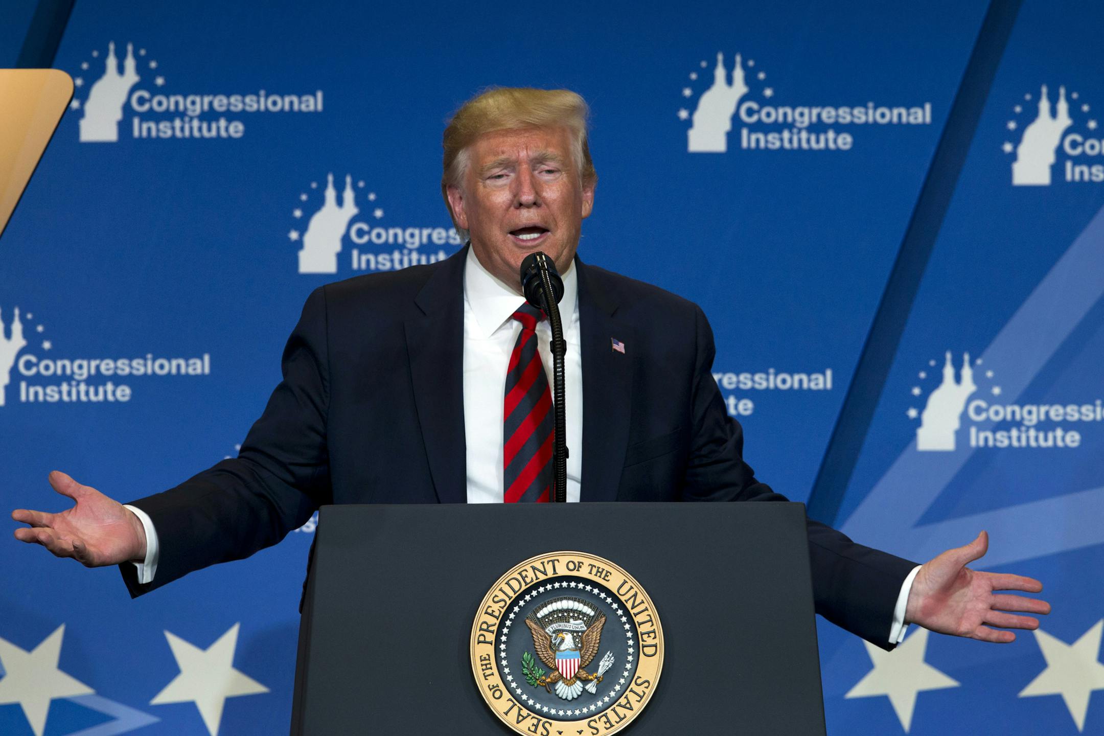 President Donald Trump speaks at the 2019 House Republican Conference Member Retreat Dinner in Baltimore, Thursday, Sept. 12, 2019. (AP Photo/Jose Luis Magana)