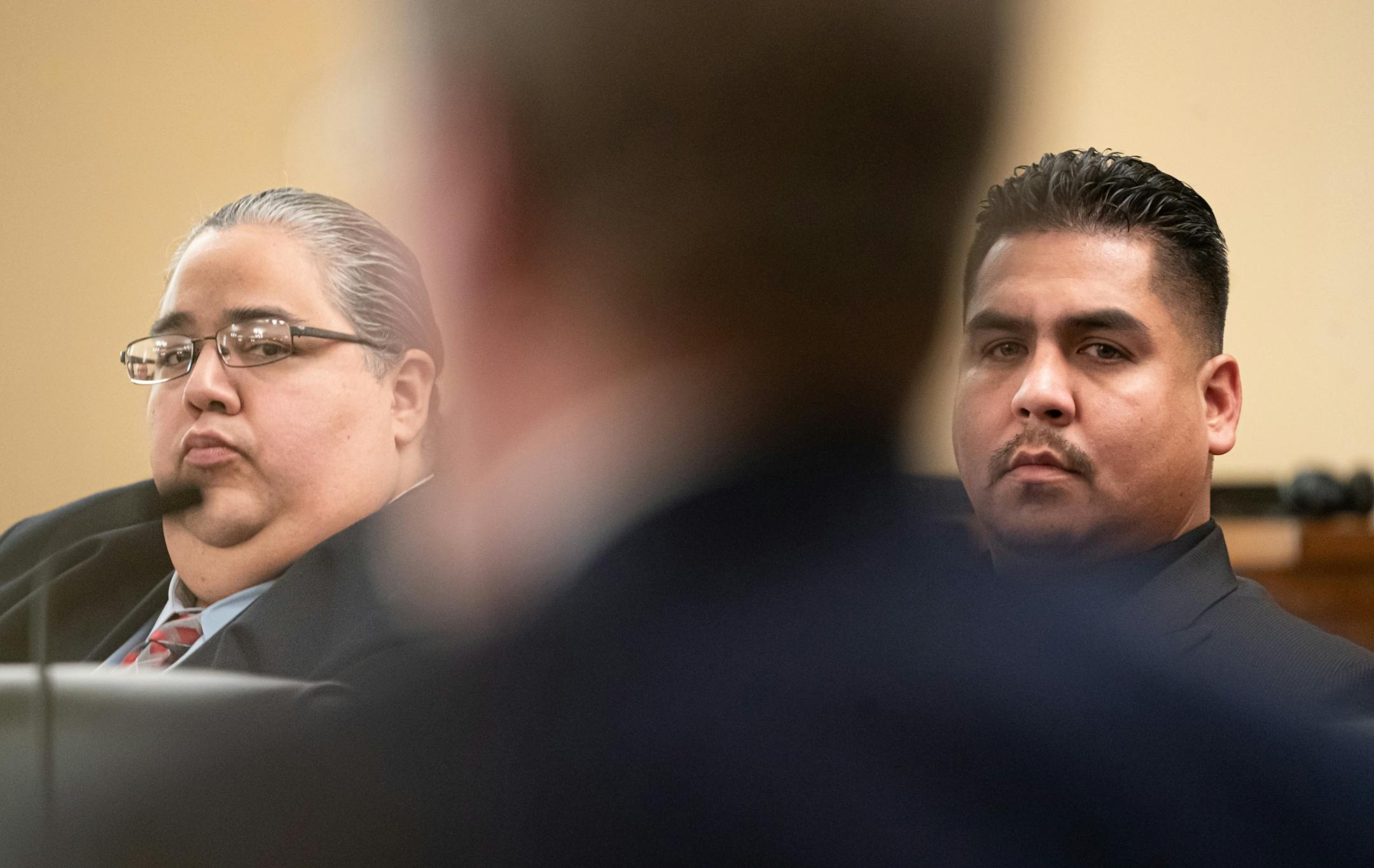 Lenny Fineday and LeRoy Staples Fairbanks of the Leech Lake Band of Ojibwe listened as Legislative Auditor James Nobles discussed the results of his investigation into Medicaid overpayments by the state Department of Human Services (DHS) to Indian bands for opioid addiction treatment.