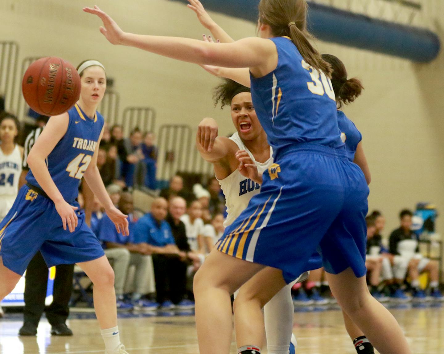 Hopkins Dlayla Chakolis (33) fires a pass against Wayzata during the first half of Girls' baskeball action at Wayzata High Friday, Jan 12, 2018, in Plymouth , MN.]