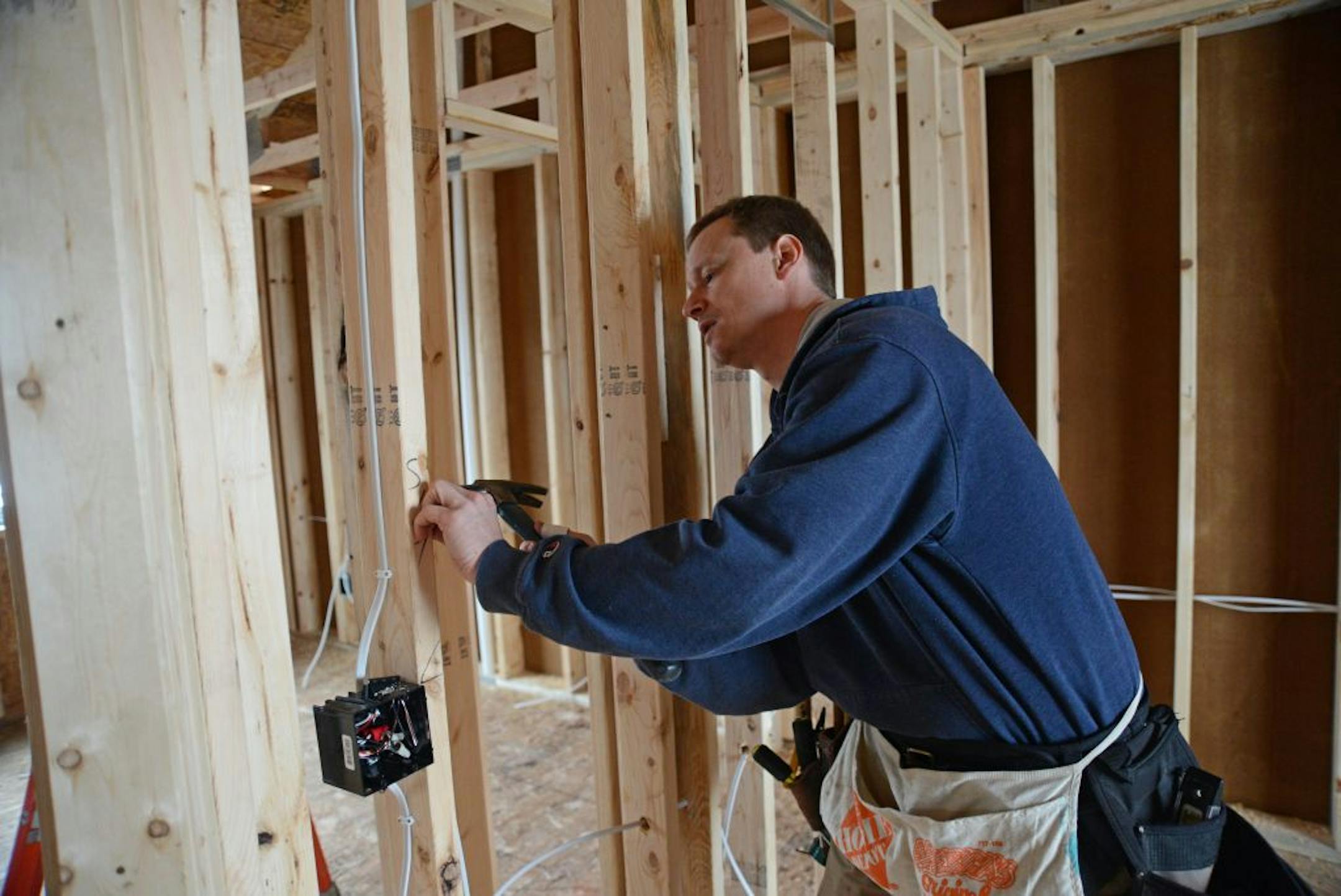 Electrician Dave Mason wired a home under construction in Lakeville last month. Few companies are building houses for inventory, so the bulk of what's being built represents real sales.