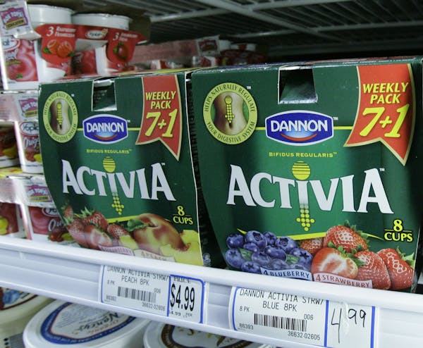 Packages of The Dannon Company's Activa yogurt are seen on a grocery shelf Tuesday, Nov. 27, 2007, in Chicago. Activa is one of many new products that
