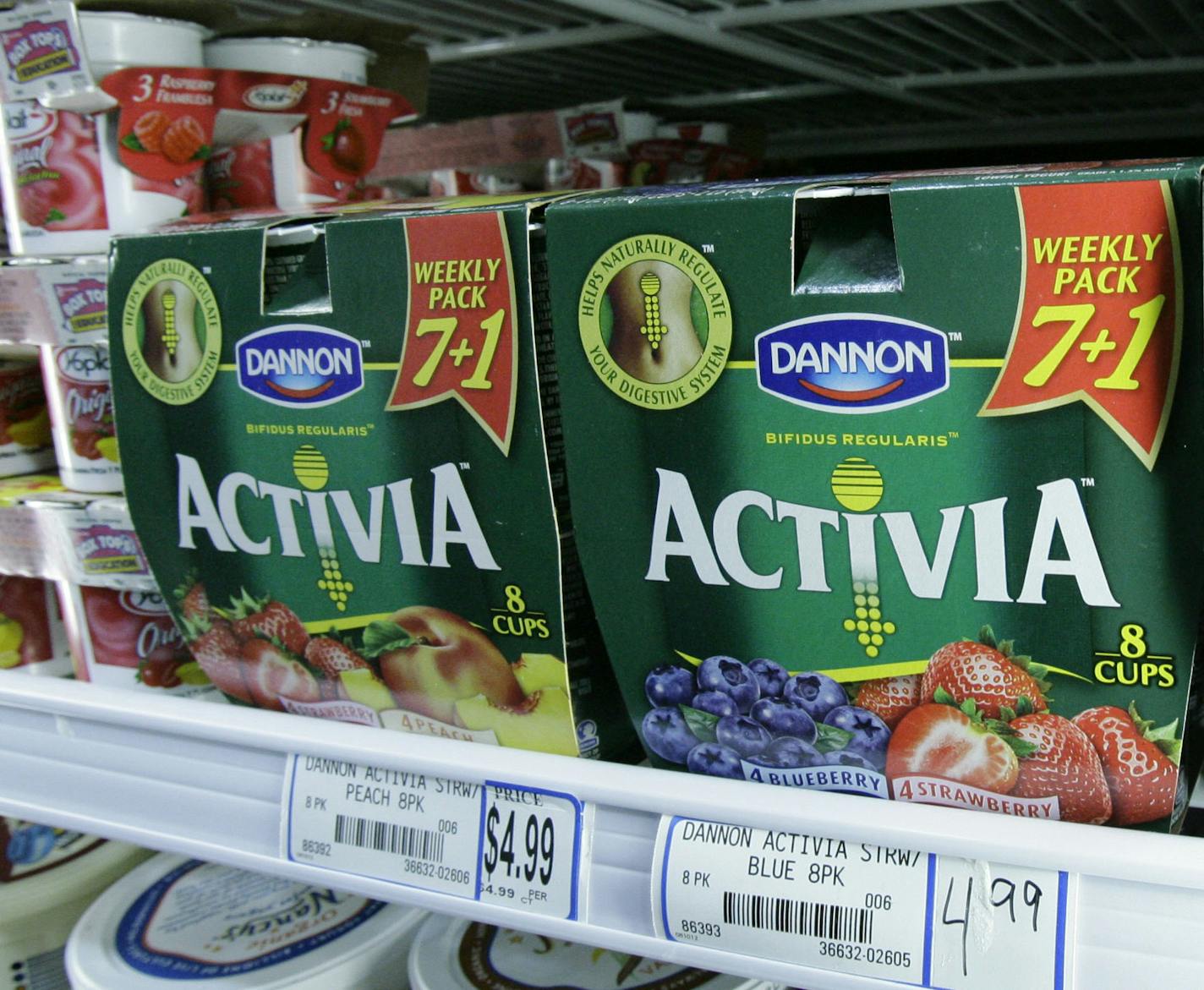 Packages of The Dannon Company's Activa yogurt are seen on a grocery shelf Tuesday, Nov. 27, 2007, in Chicago. Activa is one of many new products that contain probiotics, or "friendly bacteria" and part of a growing trend in foods designed to boost health. (AP Photo/M. Spencer Green) ORG XMIT: CX307