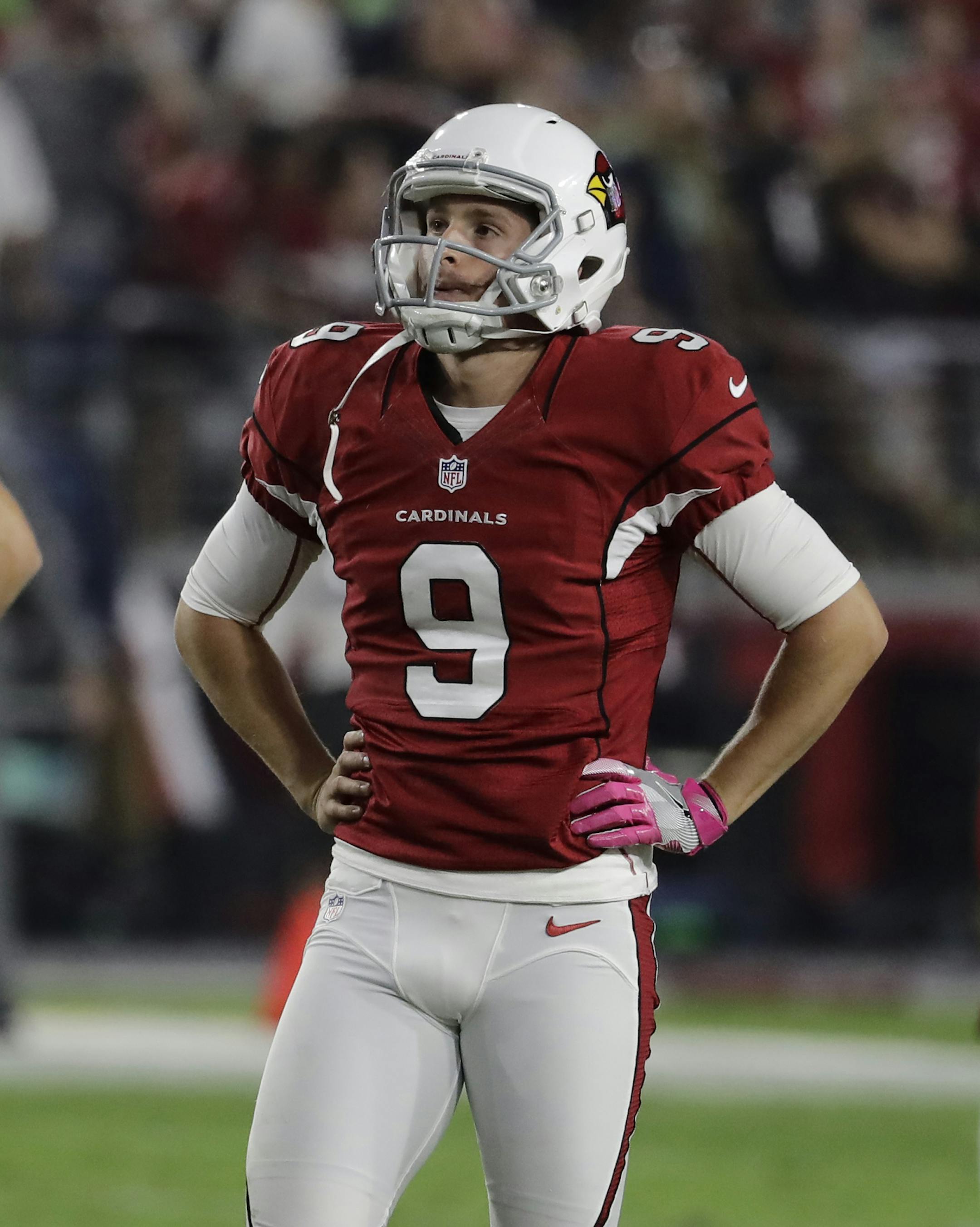 Arizona Cardinals punter Ryan Quigley (9) in the first half during an NFL football game against the Seattle Seahawks, Sunday, Oct. 23, 2016, in Glendale, Ariz. (AP Photo/Rick Scuteri)