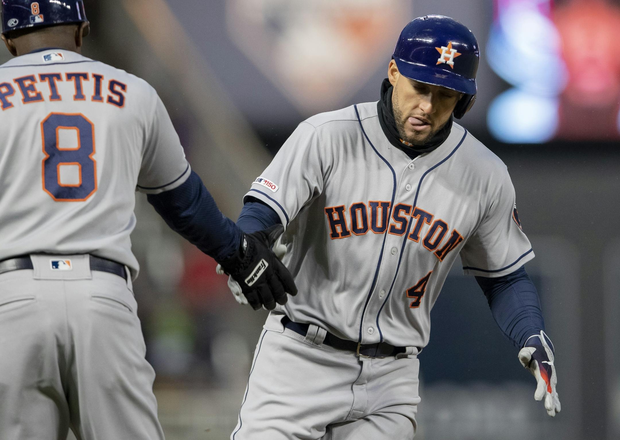 Houston Astros George Springer rounded the bases after hitting a home run in the fourth inning.