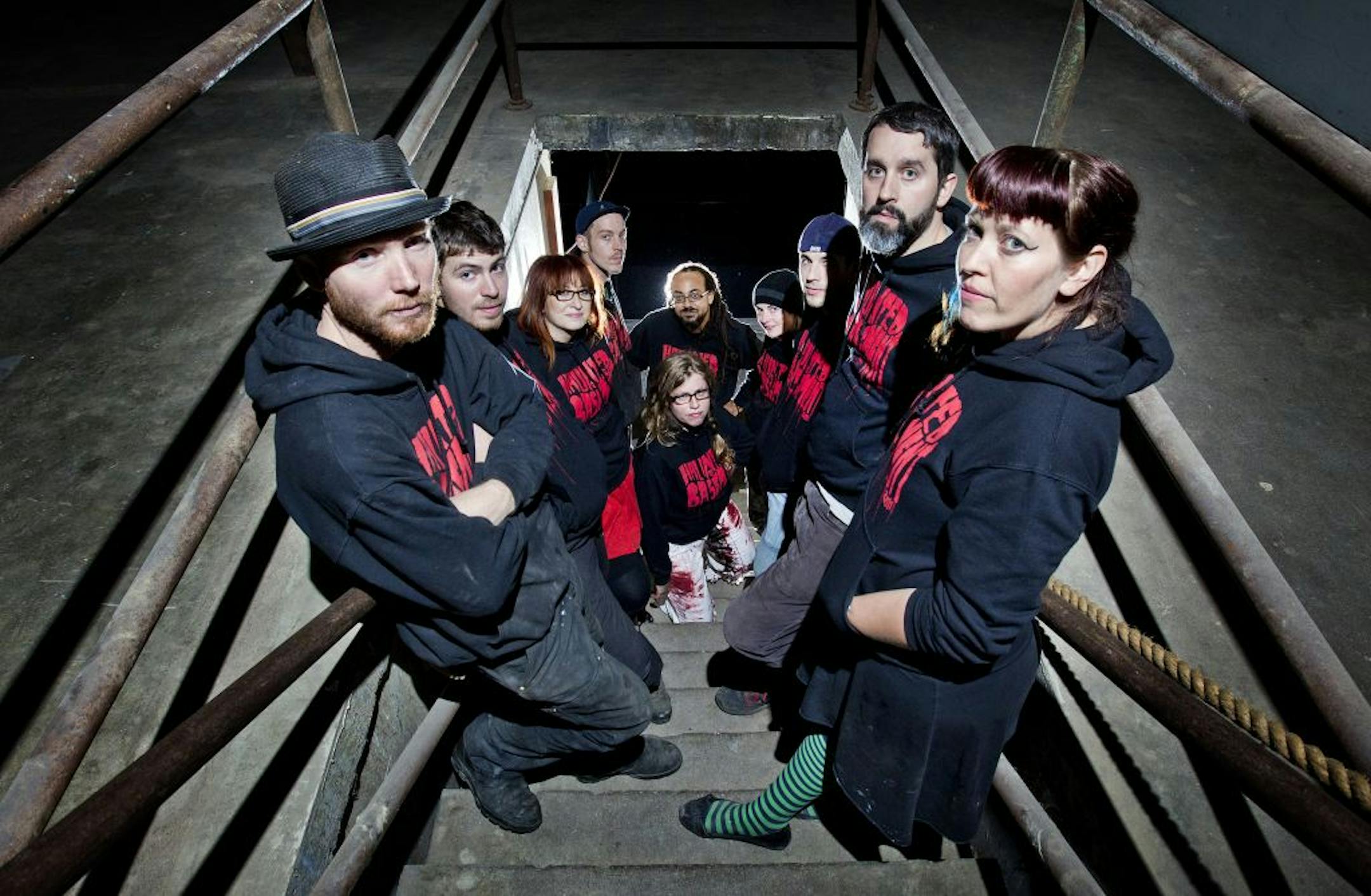 The folks who make it happen in the Soap Factory's Haunted Basement, from left: Brian Green, Altan Gurel, Brett Dorrian, Devin Grunk, Jud Kilgore, Birdie Freitag (kneeling), Julie Nelson, Cody Lewis, Tom Loftus and Liseli Polivka.