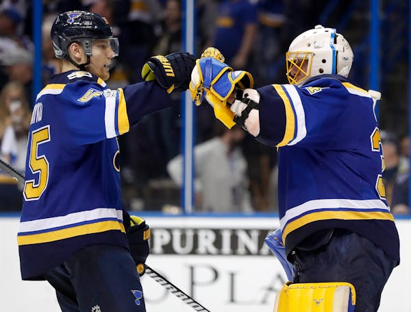 Blues goalie Jake Allen, right, won 11 of his last 15 regular-season starts with 26 goals allowed in that span. He's stopped 114 of 117 shots (.974 sa