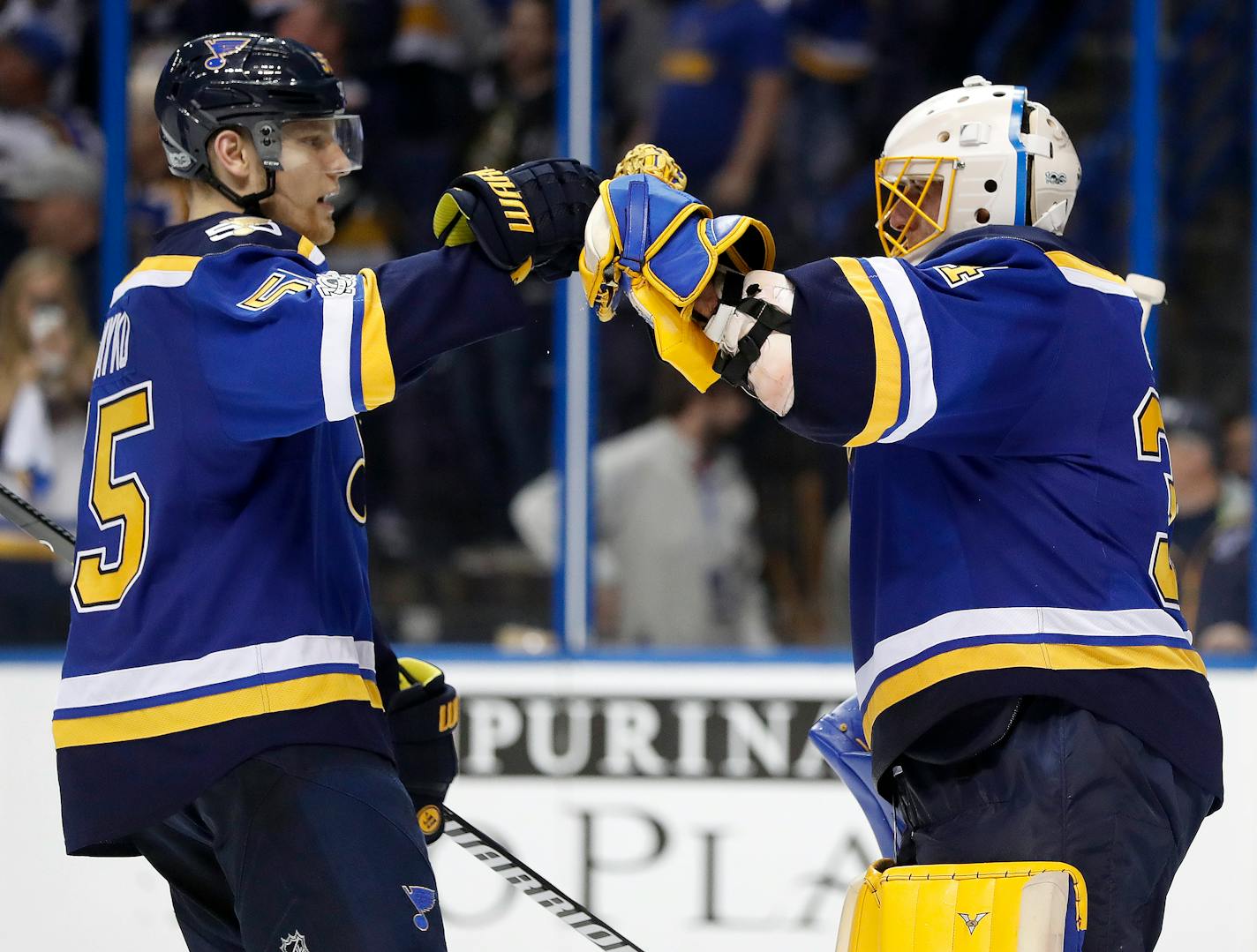 Blues goalie Jake Allen, right, won 11 of his last 15 regular-season starts with 26 goals allowed in that span. He's stopped 114 of 117 shots (.974 save percentage) and has a 0.91 goals-against average in the Wild series.