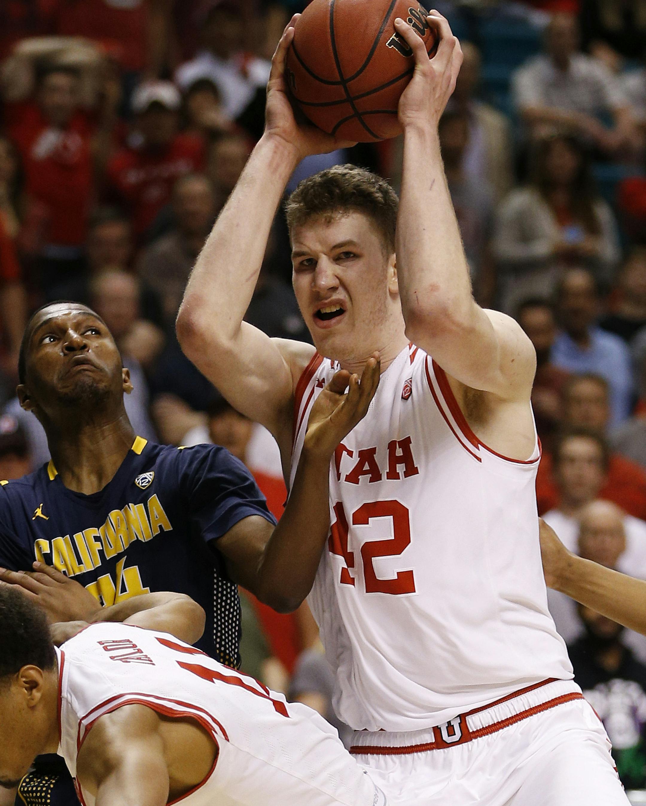 Utah forward Jakob Poeltl (42) grabs a rebound against California during overtime of an NCAA college basketball game in the semifinals of the Pac-12 men's tournament Friday, March 11, 2016, in Las Vegas. Utah won 82-78 in overtime. (AP Photo/John Locher)