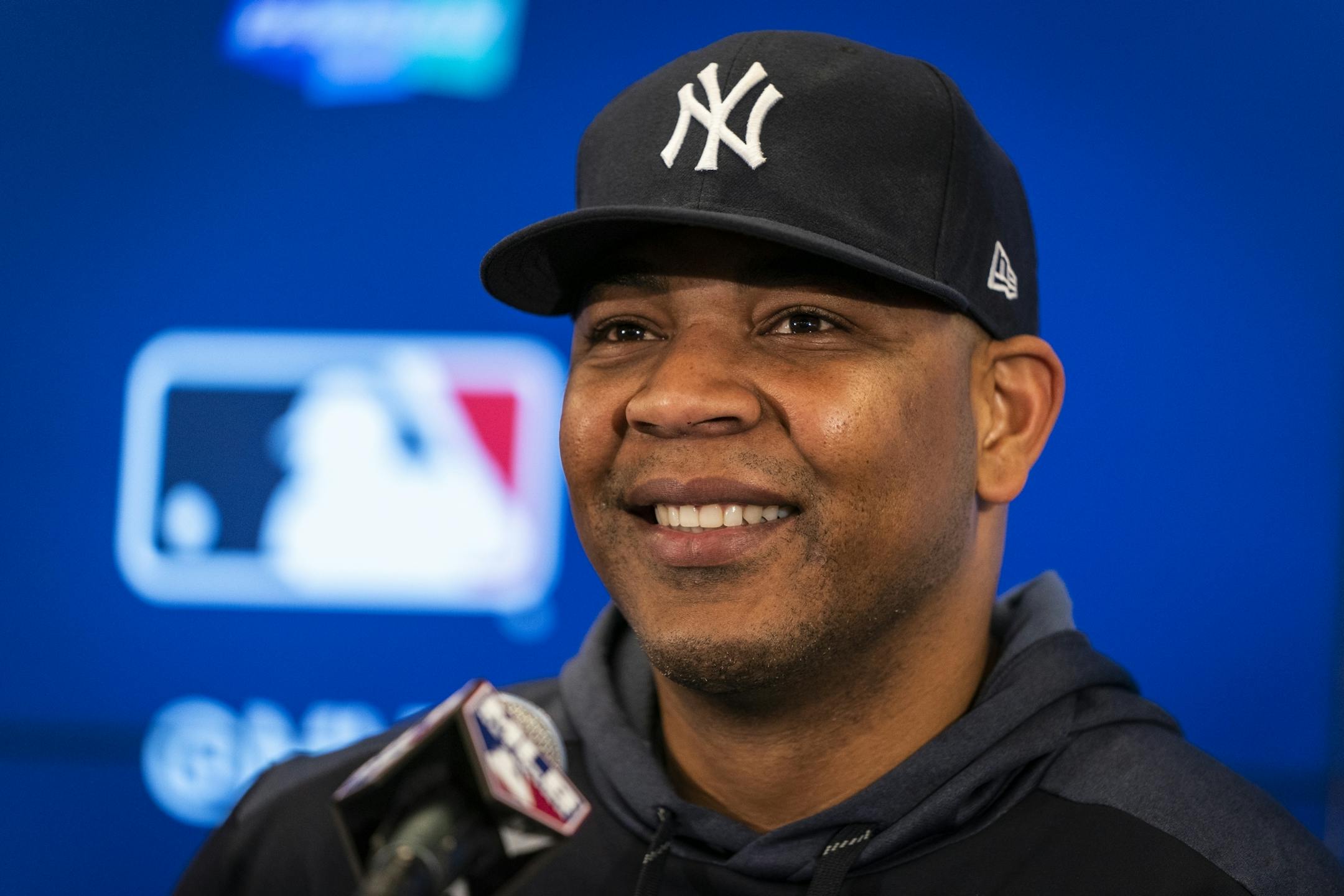 New York Yankees designated hitter Edwin Encarnacion (30) spoke with the media.
