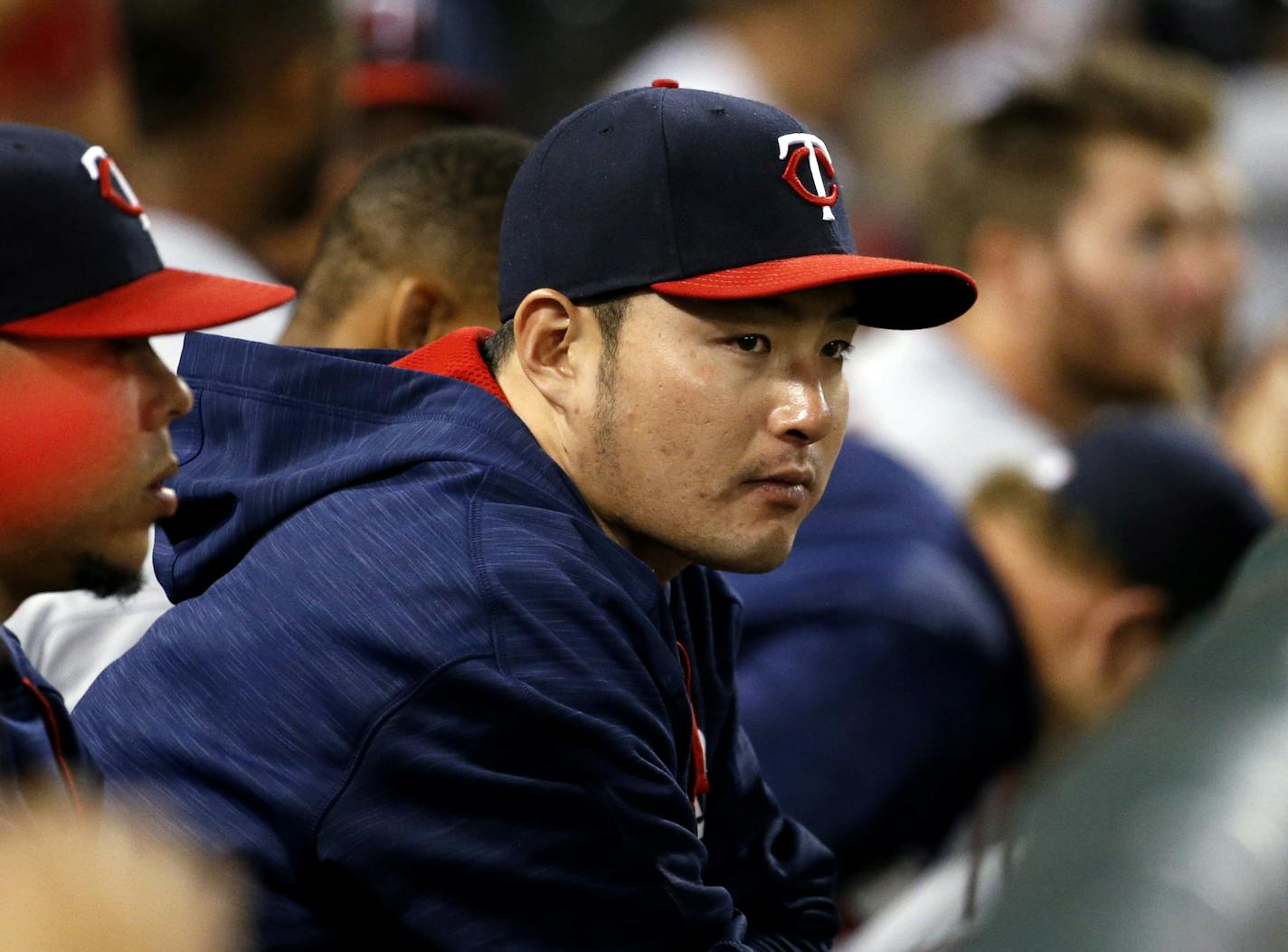 Minnesota Twins' Byung Ho Park, of South Korea, watches teammates during the eighth inning of a baseball game against the Chicago White Sox in Chicago, Wednesday, June 29, 2016. (AP Photo/Nam Y. Huh)