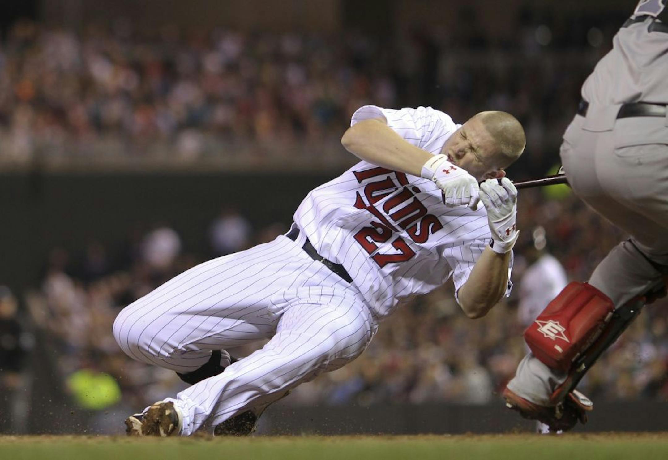 The Minnesota Twins and the Boston Red Sox faced each other in a baseball game Wednesday night, April 25, 2012 at Target Field in Minneapolis, Minn. The Twins' Chris Parmelee was hit in the head with a pitch by Red Sox reliever Justin Thomas clocked at 93 MPH in the sixth inning. He left the game after the incident.