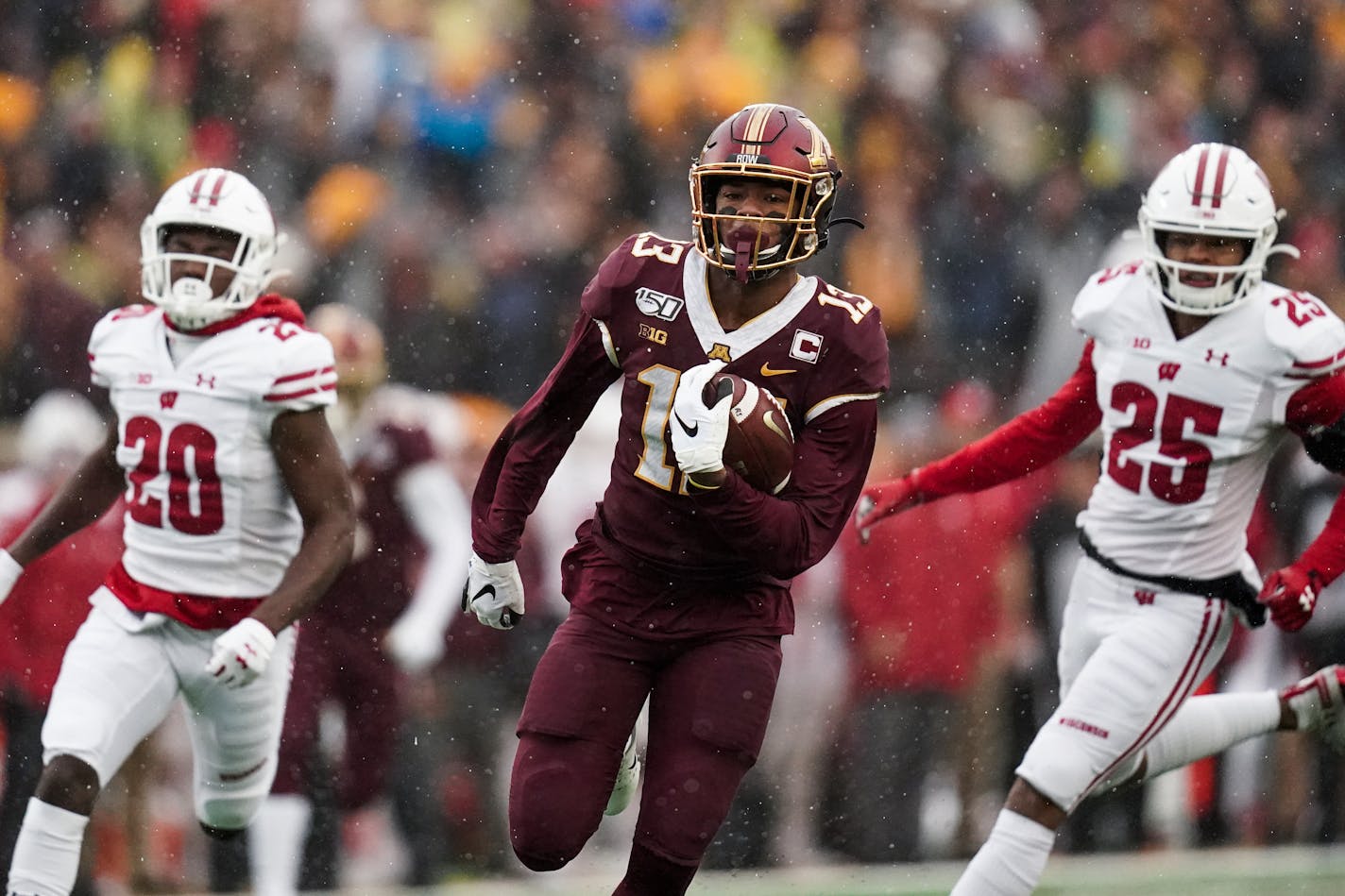 Wide receiver Rashod Bateman (13) opted out of the 2020 Big Ten football season when the conference postponed its season. Now that the league has reversed that decision, Bateman would like to rejoin the Gophers