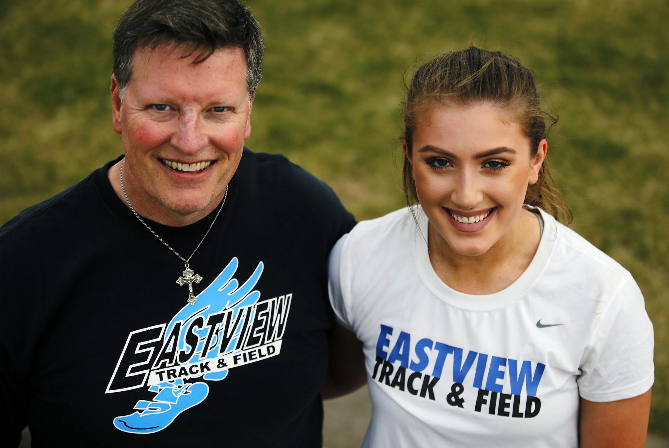 At Eastview H.S., Natalie Manders is a senior state champion the discus and shot-put who is headed to the U of M. Her father, Mike, is her coach.] Richard Tsong-Taatarii/rtsong-taatarii@startribune.com