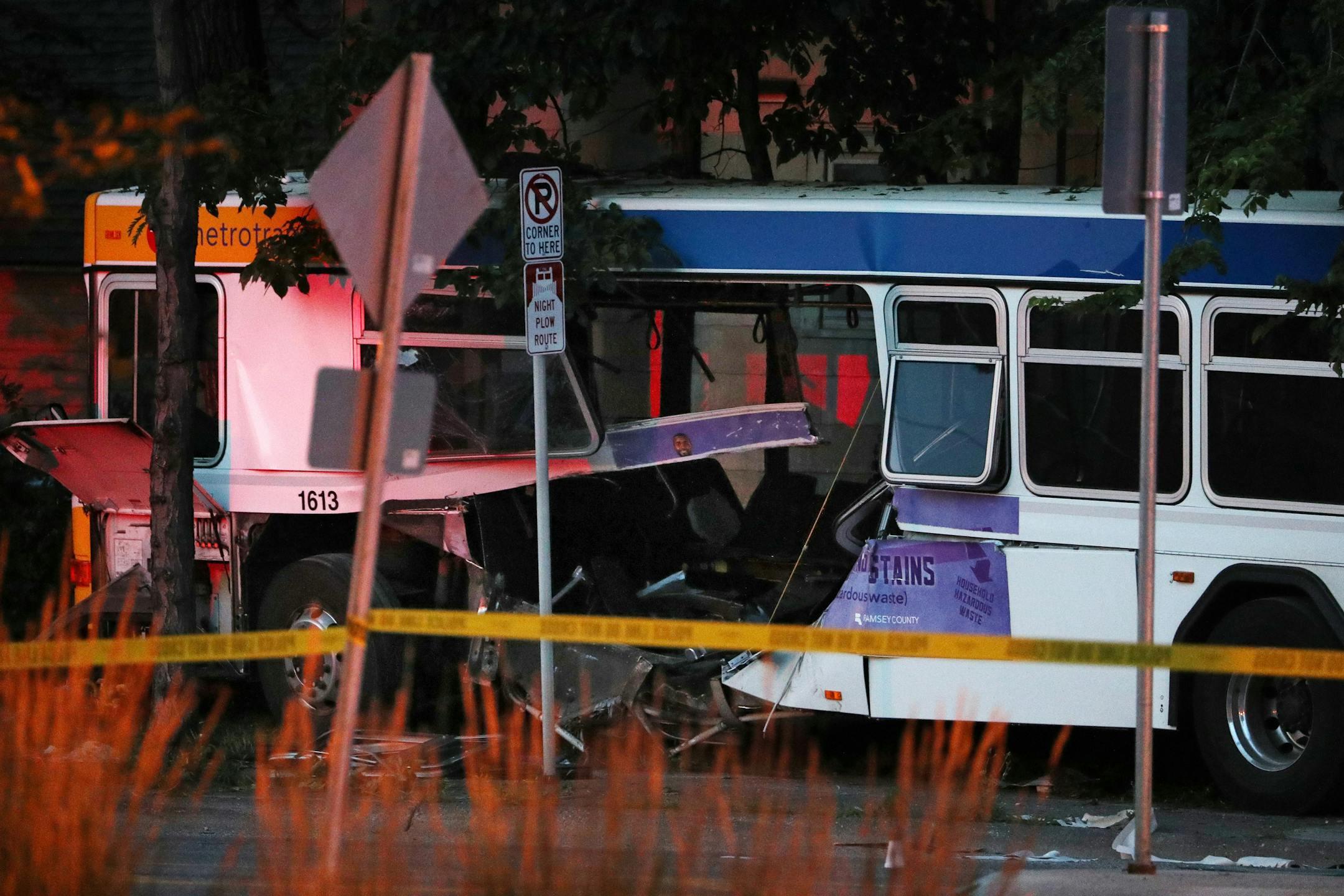A damaged Metro Transit bus could be seen as police investigated the scene. ] ANTHONY SOUFFLE ï anthony.souffle@startribune.com Police investigated the scene of a fatal collision between a car and bus Friday, July 21, 2017 near the intersection of Dale Street North and Charles Avenue in St. Paul, Minn.