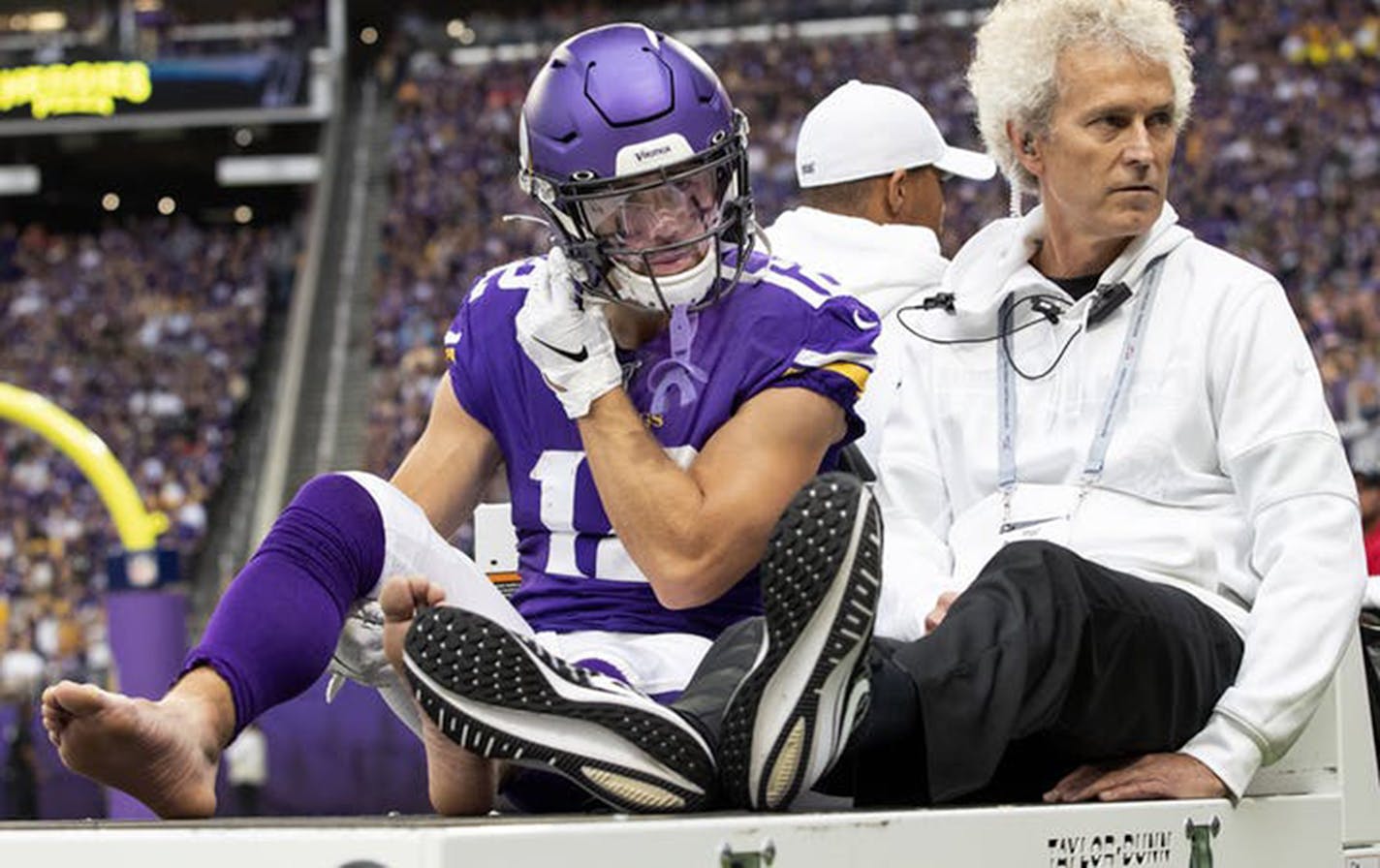 Chad Beebe was carted off the field at U.S. Bank Stadium on Sept. 22 after injuring an ankle. Beebe had surgery and won't return to the Vikings this season.