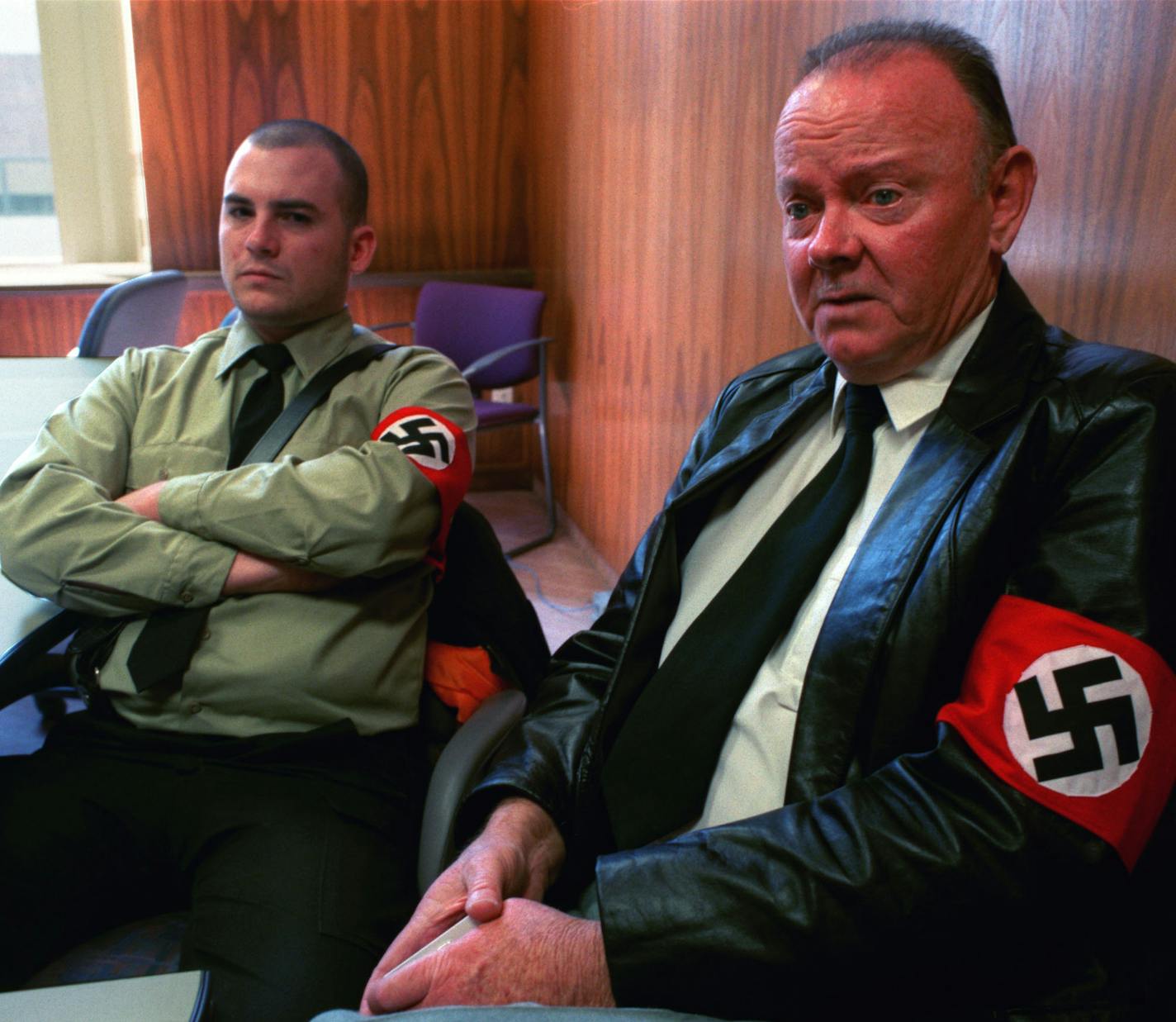 When he lived in Minnesota, Jeff Schoep, left, tried to bring other notable white power leaders to the state for a national gathering. He's seen with Allen Vincent, founder of National Socialist White Workers Party in 1998.