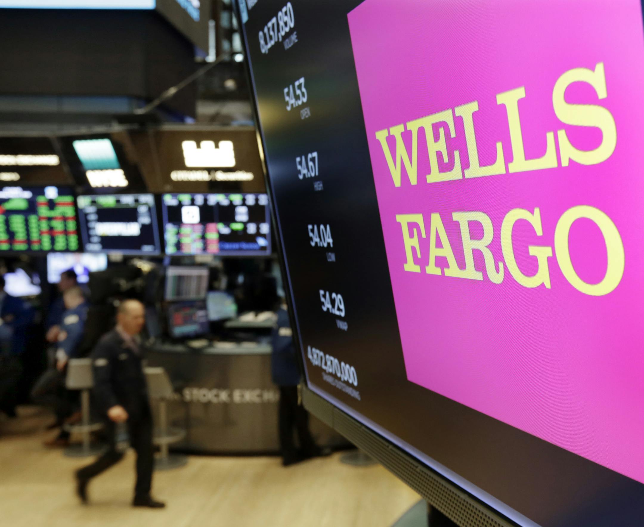 FILE- In this May 17, 2018, file photo the logo for Wells Fargo appears above a trading post on the floor of the New York Stock Exchange. Wells Fargo reports earnings Friday, Oct. 12, 2018. (AP Photo/Richard Drew, File)
