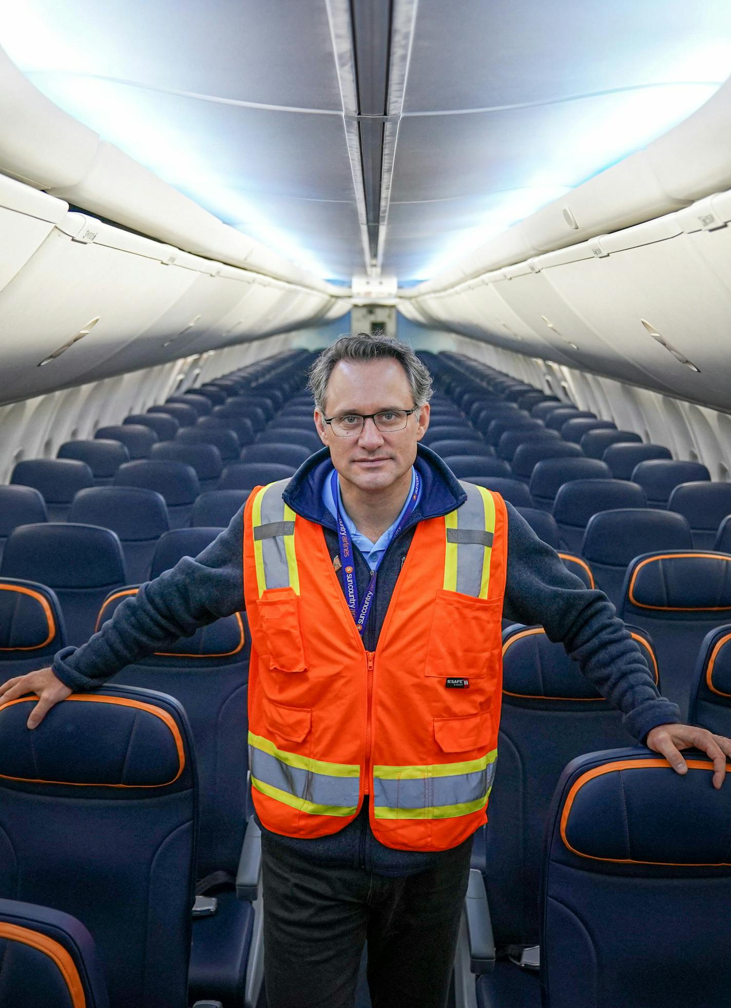 Sun Country Airlines CEO Jude Bricker aboard one of the airlines' newly painted airplanes, a 183 seat 737-800. Sun Country Airlines showed off its new design for the exterior of its planes, its new partnership with Landline and new headquarters built in a former hangar. ] GLEN STUBBE • glen.stubbe@startribune.com Tuesday, October 15, 2019 Sun Country Airlines media day, to include Q&A with CEO jude bricker, update on its new technology system and partnership announcements. Visuals: tour of its n