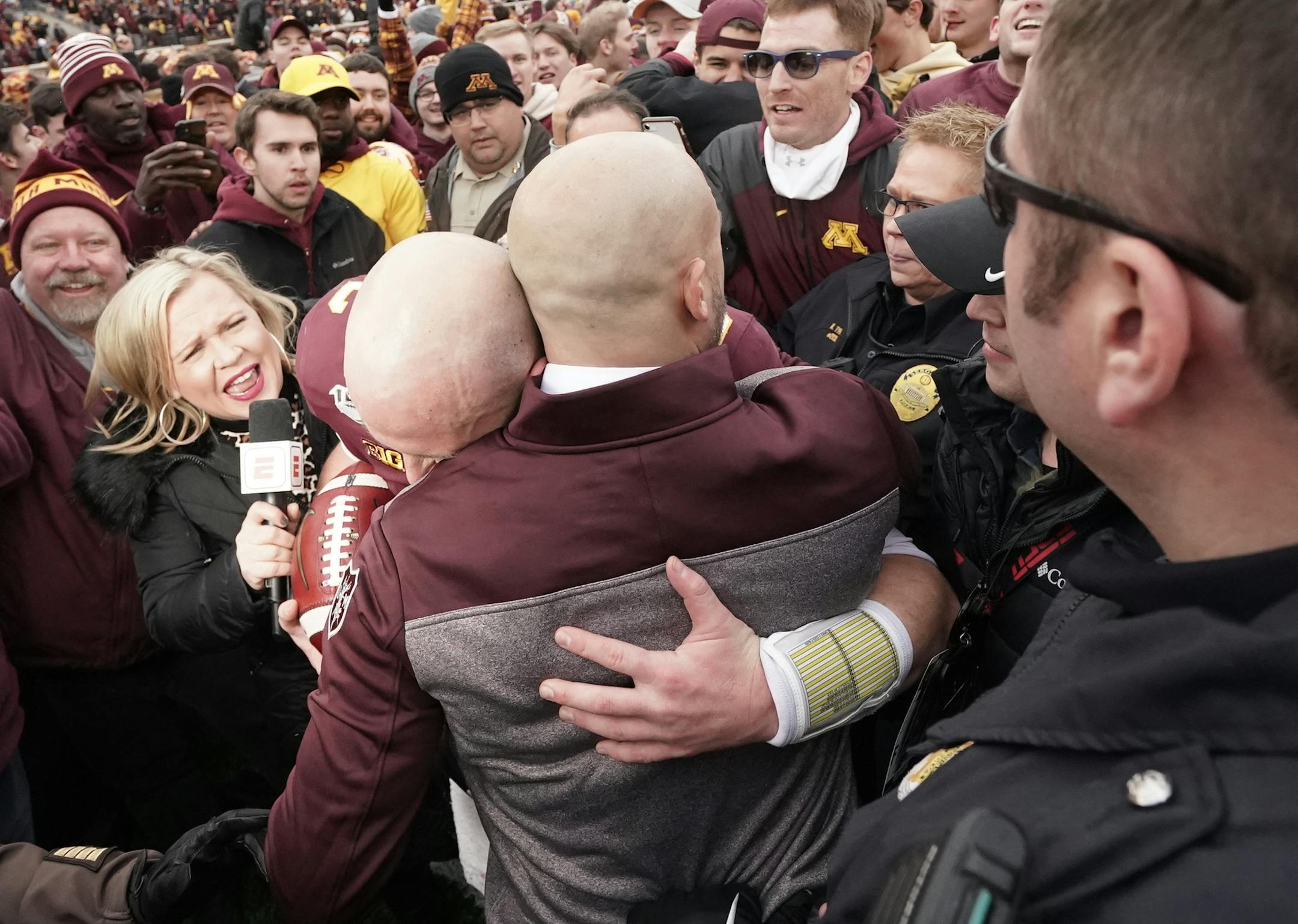 Minnesota Golden Gophers head coach P.J. Fleck embraced quarterback Tanner Morgan (2) after the game. ] MARK VANCLEAVE ¥ Penn State played the Minnesota Gophers at TCF Bank Stadium on Saturday, Nov. 9, 2019 in Minneapolis.