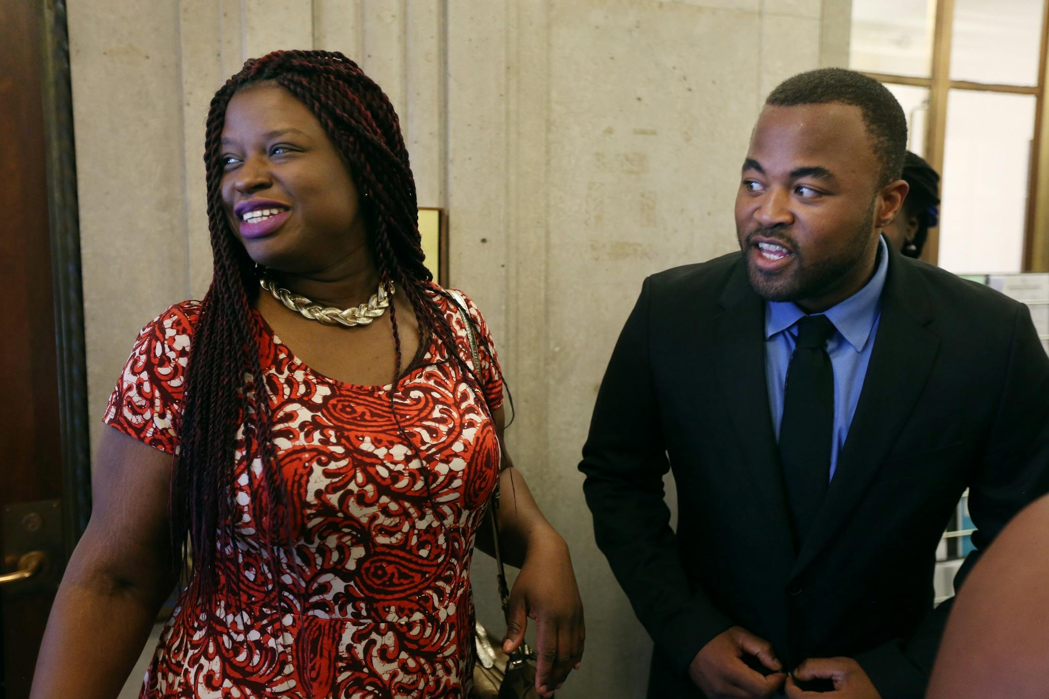 Minneapolis NAACP president Nekima Levy-Pounds talked with Rashad Turner after he detailed some of the positions he favors in his candidacy for the Mminesota Legislature. Monday May 23, 2016 in St. Paul , MN.