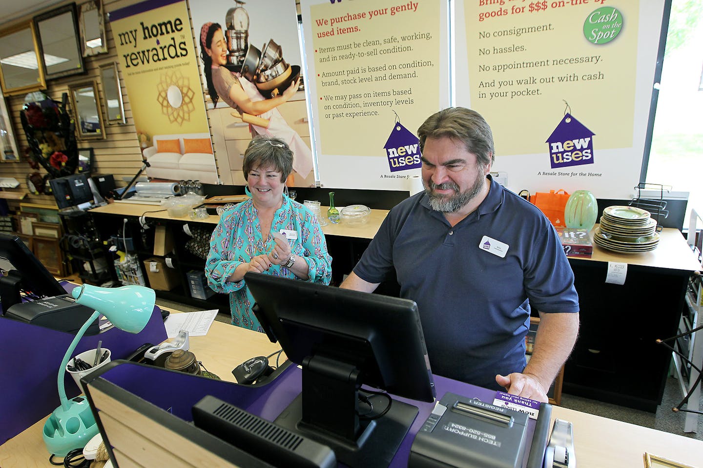 Valeta Cornwell and Will Berthiaume worked the register at New Uses, a home furnishings resale shop, Friday, July 2, 2015 in Woodbury, MN. ] (ELIZABETH FLORES/STAR TRIBUNE) ELIZABETH FLORES &#x2022; eflores@startribune.com