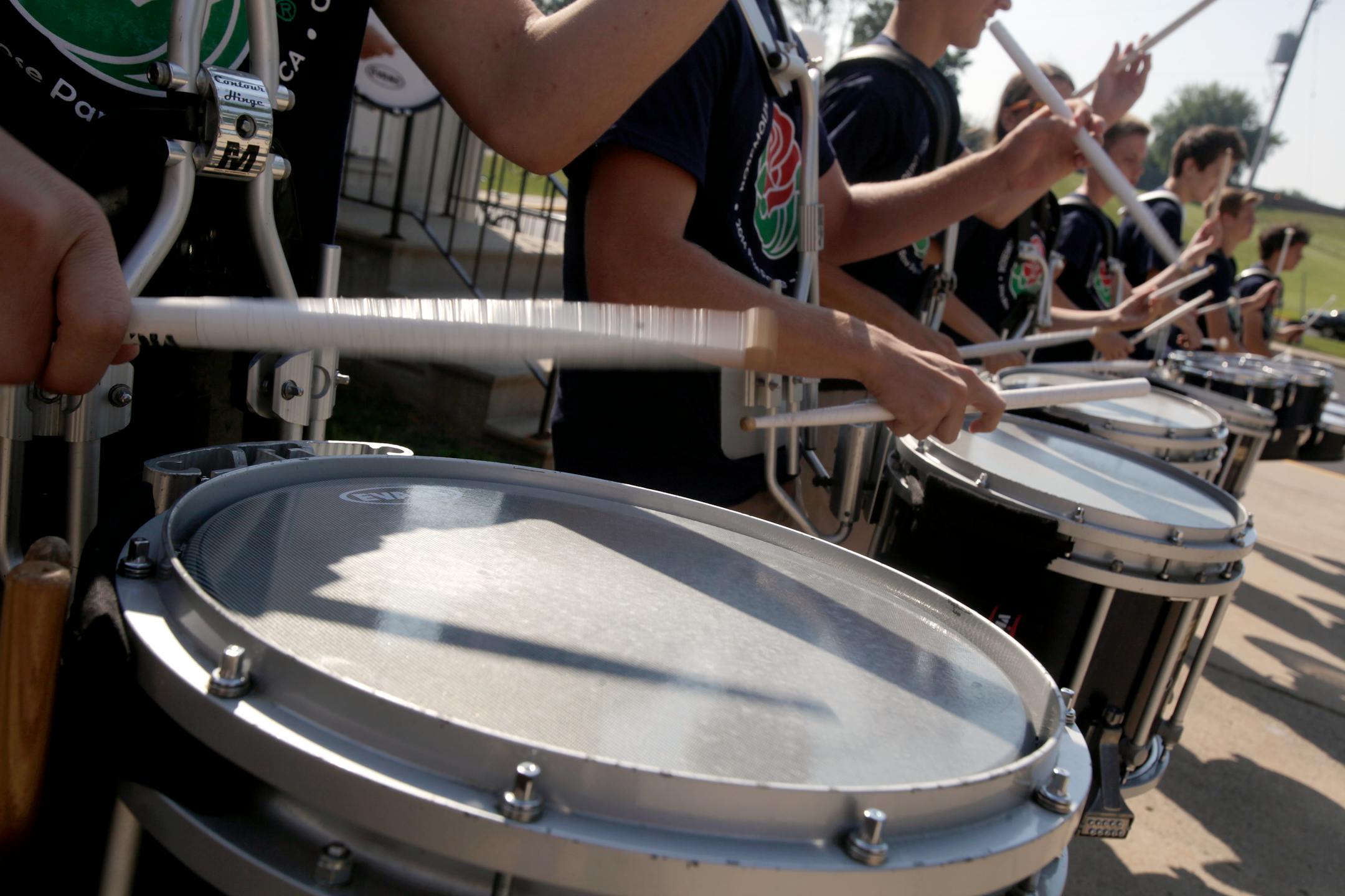 The Marching band practices for the arrival of the President of the Tournament of Roses' Scott Jenkins and his wife Cindy Jenkins at Rosemount High School on July 12, 2013.