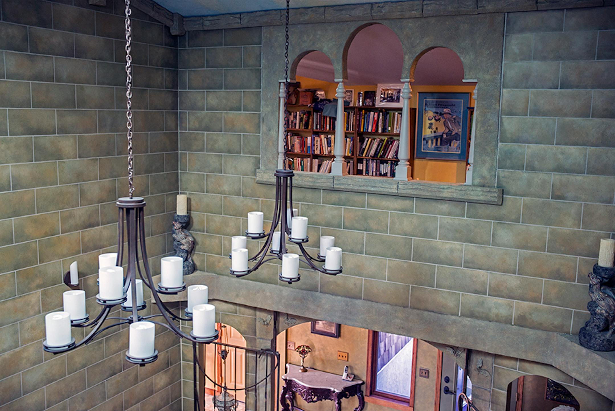 This second-story window offers a peek into Dave's Fitzgerald library (the former English professor is an F. Scott Fitzgerald scholar). The window's design was inspired by windows he saw in Venice.
