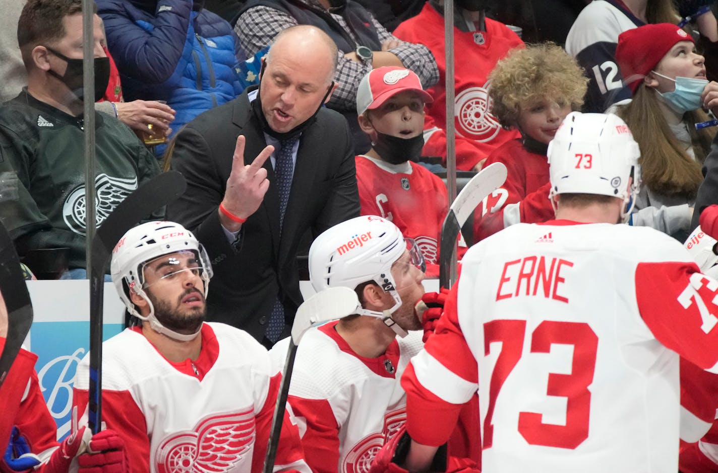 Detroit Red Wings head coach Jeff Blashill () in the second period of an NHL hockey game Friday, Dec. 10, 2021, in Denver. (AP Photo/David Zalubowski)