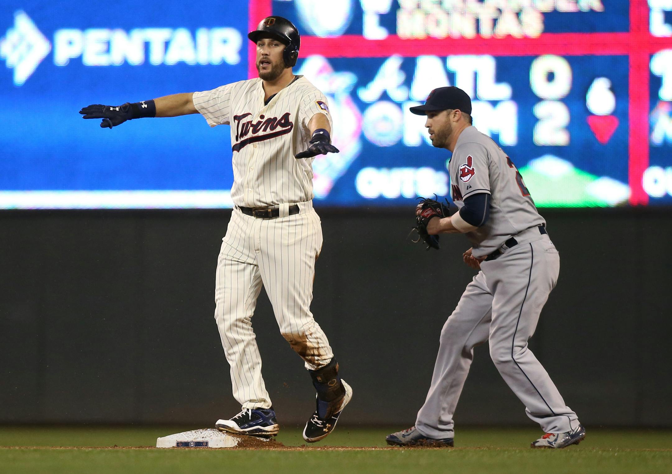 Twins Trevor Plouffe called himself safe at second base in the second inning. ] (KYNDELL HARKNESS/STAR TRIBUNE) kyndell.harkness@startribune.com Twins vs Cleveland at Target Field in Minneapolis Min., Wednesday September 23, 2015.