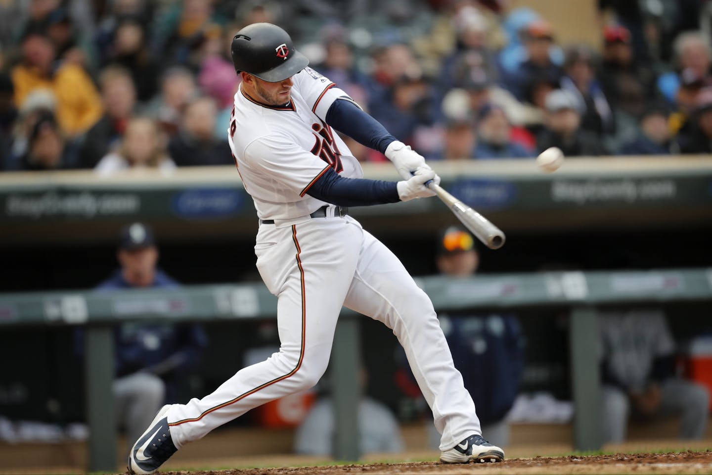 Minnesota Twins catcher Mitch Garver (23) hits a home run in the 7th inning.