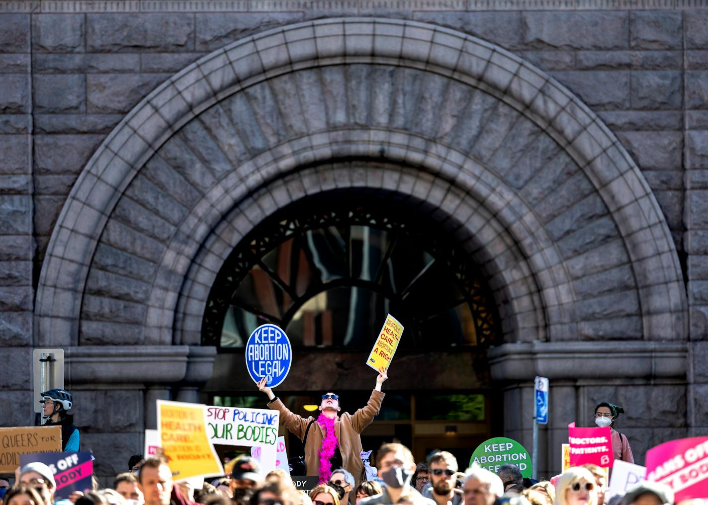 A crowd of demonstrators at The Future Is Now: Rally for Abortion Rights Tuesday, May 3, at US Federal Courthouse Plaza in Minneapolis, Minn. ] CARLOS GONZALEZ • carlos.gonzalez@startribune.com