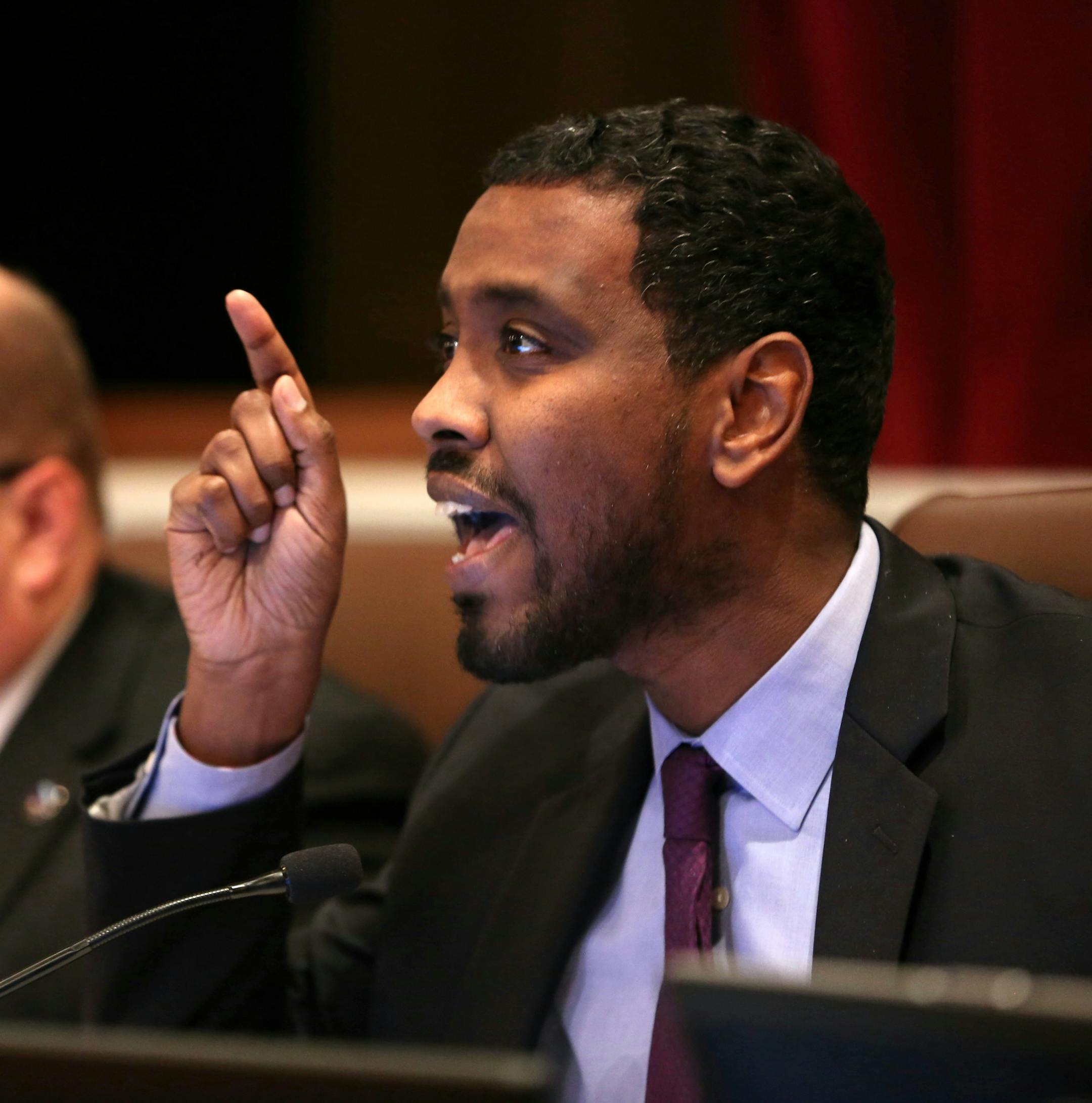 Council member Abdi Warsame spoke with passion about his reason for voting for the budget during a meeting in the city council chambers at City Hall in Minneapolis, Minn. on Wednesday, December 10, 2014. He was particularly passionnate with the assumtion that he didn't think "black lives matter," a chant the majority of community members against te budget chanted in the hallway during a break. ] RENEE JONES SCHNEIDER reneejones@startribune.com