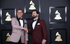 The Okee Dokee Brothers, Justin Lansing and Joe Mailander, arrived at the Grammy Awards on Sunday.