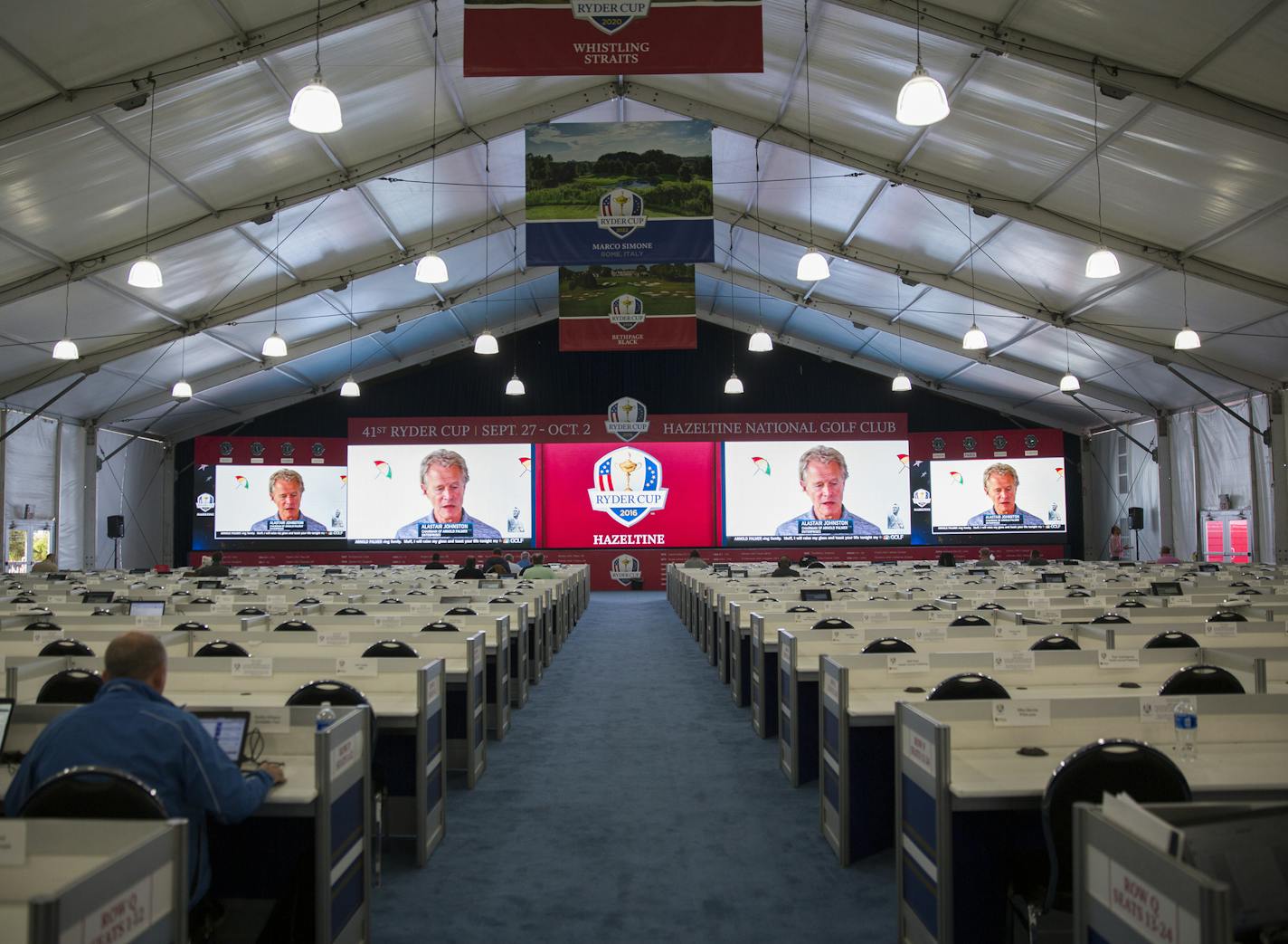 The media room at the 2016 Ryder Cup. ] (Leila Navidi/Star Tribune) leila.navidi@startribune.com BACKGROUND INFORMATION: Media coverage of the 2016 Ryder Cup at Hazeltine National Golf Club in Chaska on Monday, September 26, 2106.