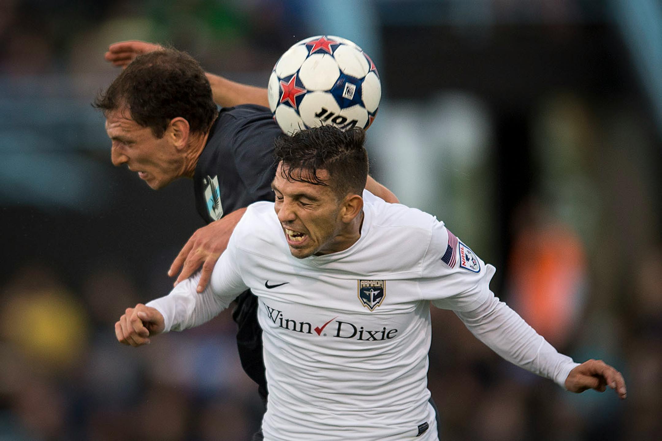 Minnesota United FC Captain Aaron Pitchkolan, left, went up for a header against Jacksonville Armada FC's Lucas Rodriguez in the first half. ] Aaron Lavinsky • aaron.lavinsky@startribune.com Minnesota United FC played Jacksonville on Saturday, May 23, 2015 at the National Sports Center in Blaine.