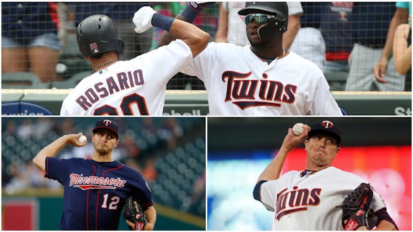 Players who agreed to terms with the Twins include Eddie Rosario and Miguel Sano (top); Jake Odorizzi and Kyle Gibson (bottom)
