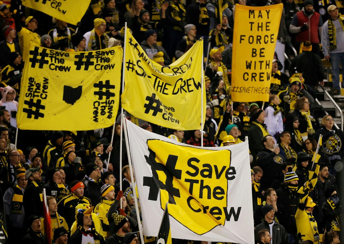 Columbus Crew fans show their support for the team last October before the start of their team's MLS Eastern Conference semifinal soccer match against New York City FC in Columbus.