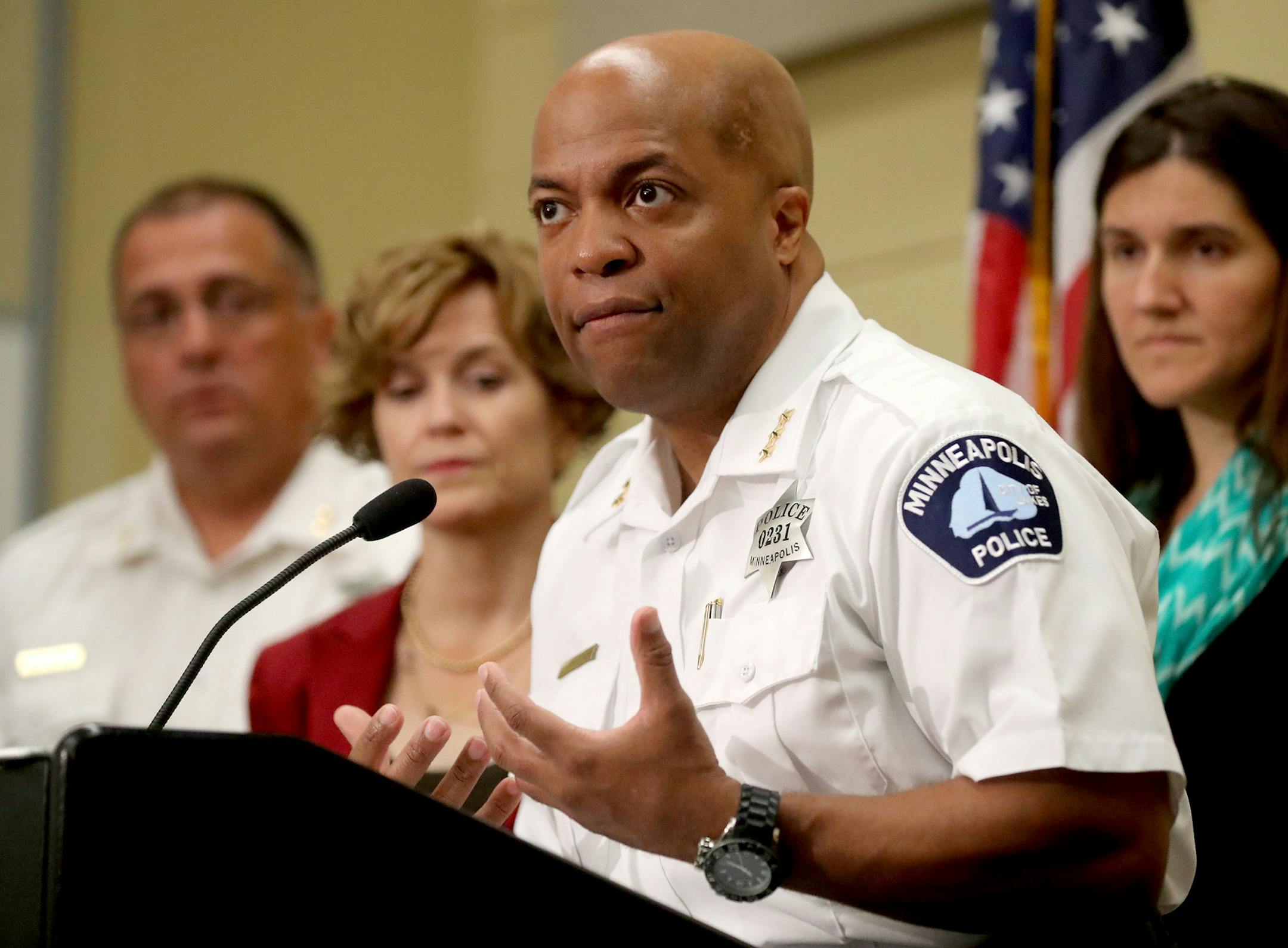 As Minneapolis mayor Betsy Hodges looks on acting Police Chief Medaria Arradondo announced that Minneapolis police will be required to activate their body cameras on all calls and the department will start implementing the new rule starting Saturday and seen Wednesday, July 26, 2017, at the Minneapolis Emergency Operations Training Facility in Minneapolis, MN.] DAVID JOLES &#xef; david.joles@startribune.com Mayor Hodges and Acting Police Chief Arradondo to Announce Changes to MPD Body Camera Pol