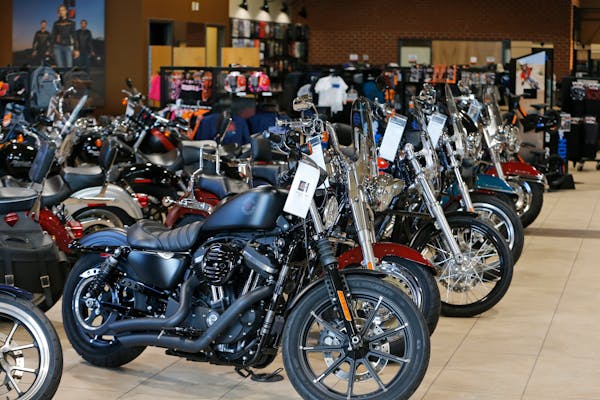 Harley Davidson motorcycles on display at a dealership in Ashland, Va., in 2019