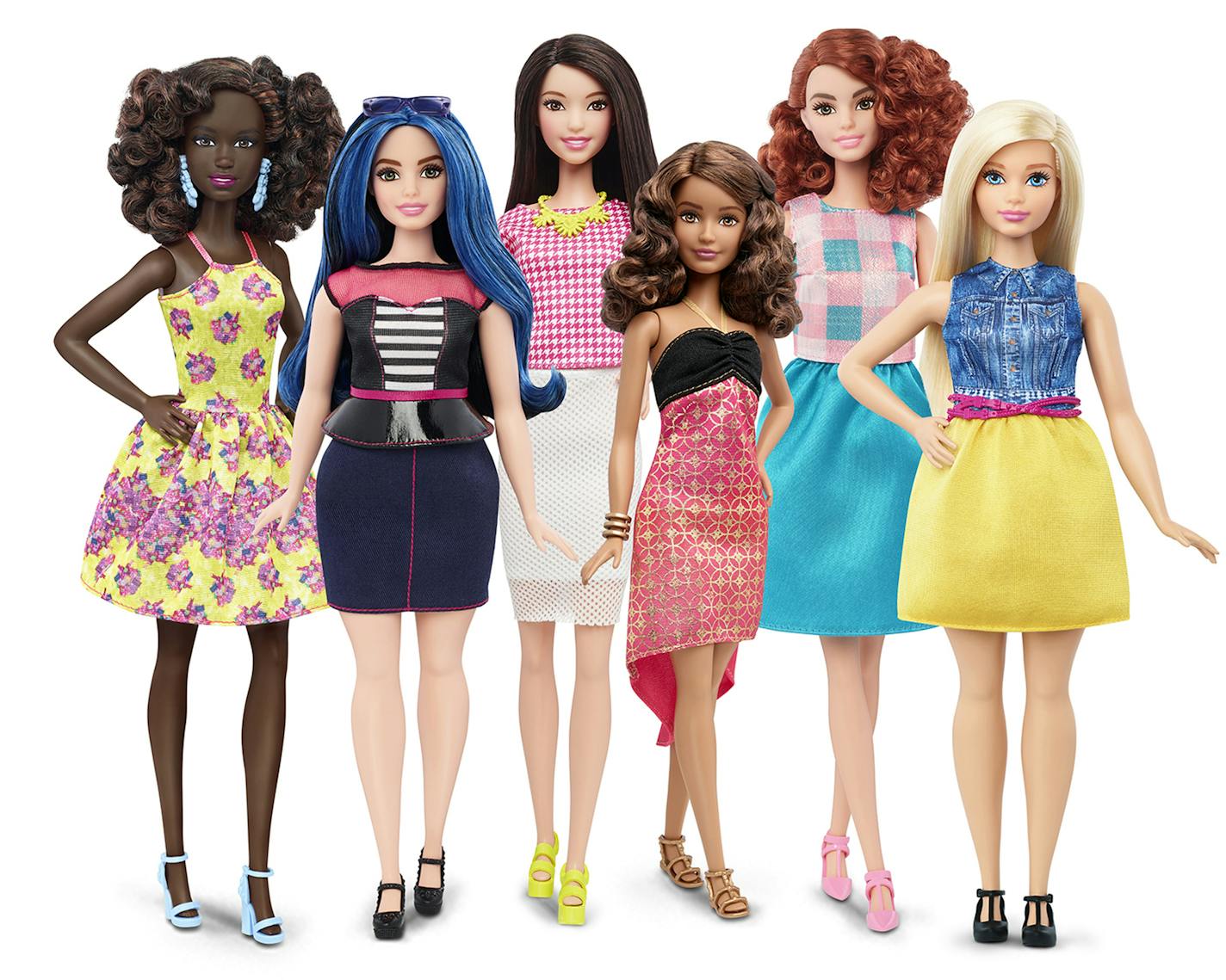 This photo provided by Mattel shows a group of new Barbie dolls introduced in January 2016. Mattel, the maker of the famous plastic doll, said it will start selling Barbie&#xed;s in three new body types: tall, curvy and petite. She&#xed;ll also come in seven skin tones, 22 eye colors and 24 hairstyles. (Mattel via AP)