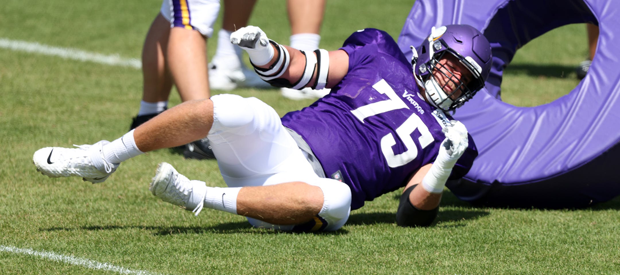 Minnesota Vikings offensive lineman Brian O'Neill (75) during drills.