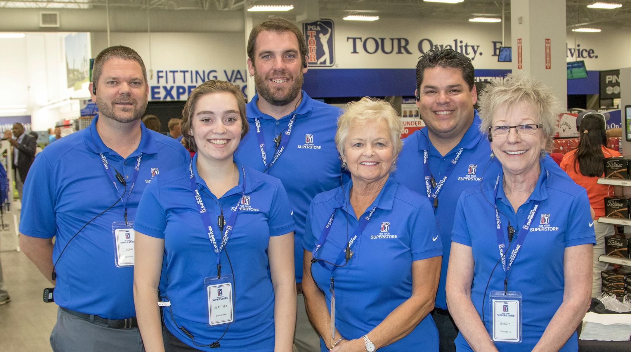 Store manager John Nelson (left) and staff Alaethia Dvoracek, Dustin Decoteau, Chris Schmit, Josh Backanaga and Sandy Stacy enjoy the ribbon cutting ceremony of the PGA Tour Superstore on June 9, 2016 at the PGA Tour Superstore in Minnetonka, Minn. ] Special to Star Tribune, Matt Blewett | matt@mattebphoto.com, Matte B Photography, PGA Tour Superstore, FACE062816 Saxo 846516