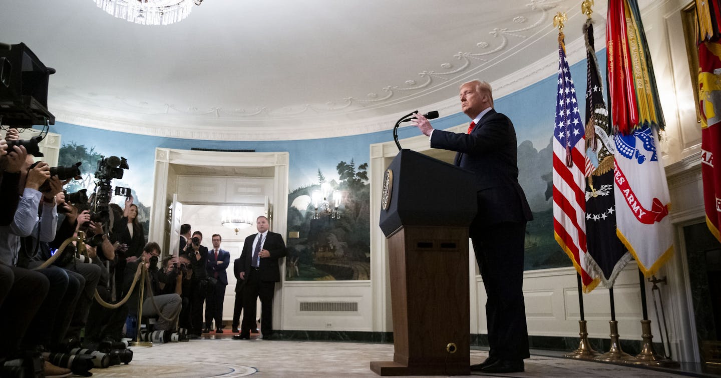 President Donald Trump speaks during the announcement of a commando raid in Syria that led to the death of Islamic State leader Abu Bakr al-Baghdadi in the Diplomatic Reception Room of the White House in Washington, Oct. 27, 2019. Aides convinced President Trump that waiting until Sunday morning to announce Abu Bakr al-Baghdadi&#x2019;s death would dominate the talk shows. (Al Drago/The New York Times)